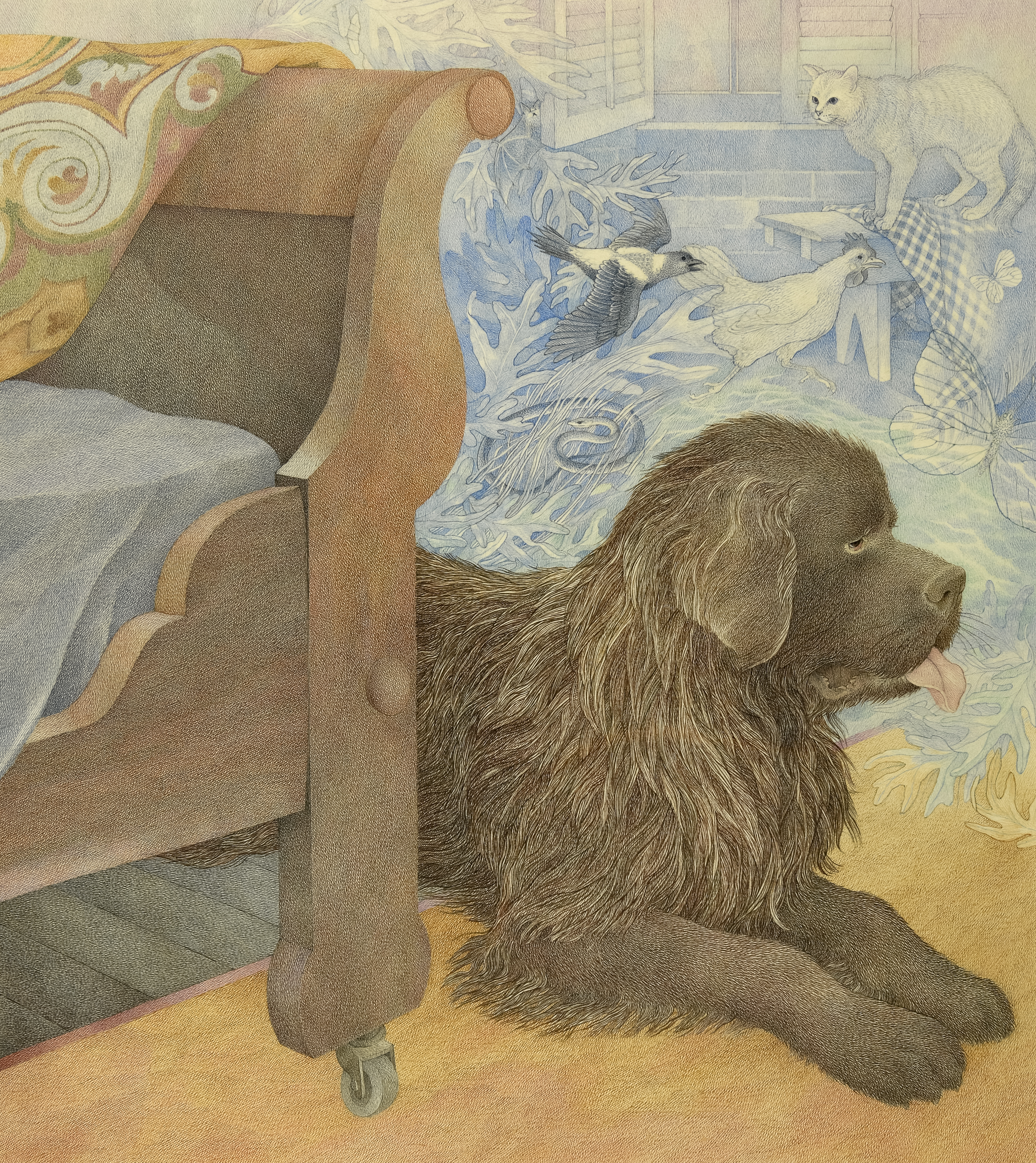 Illustration of a dog sitting at the foot of a sleigh bed.