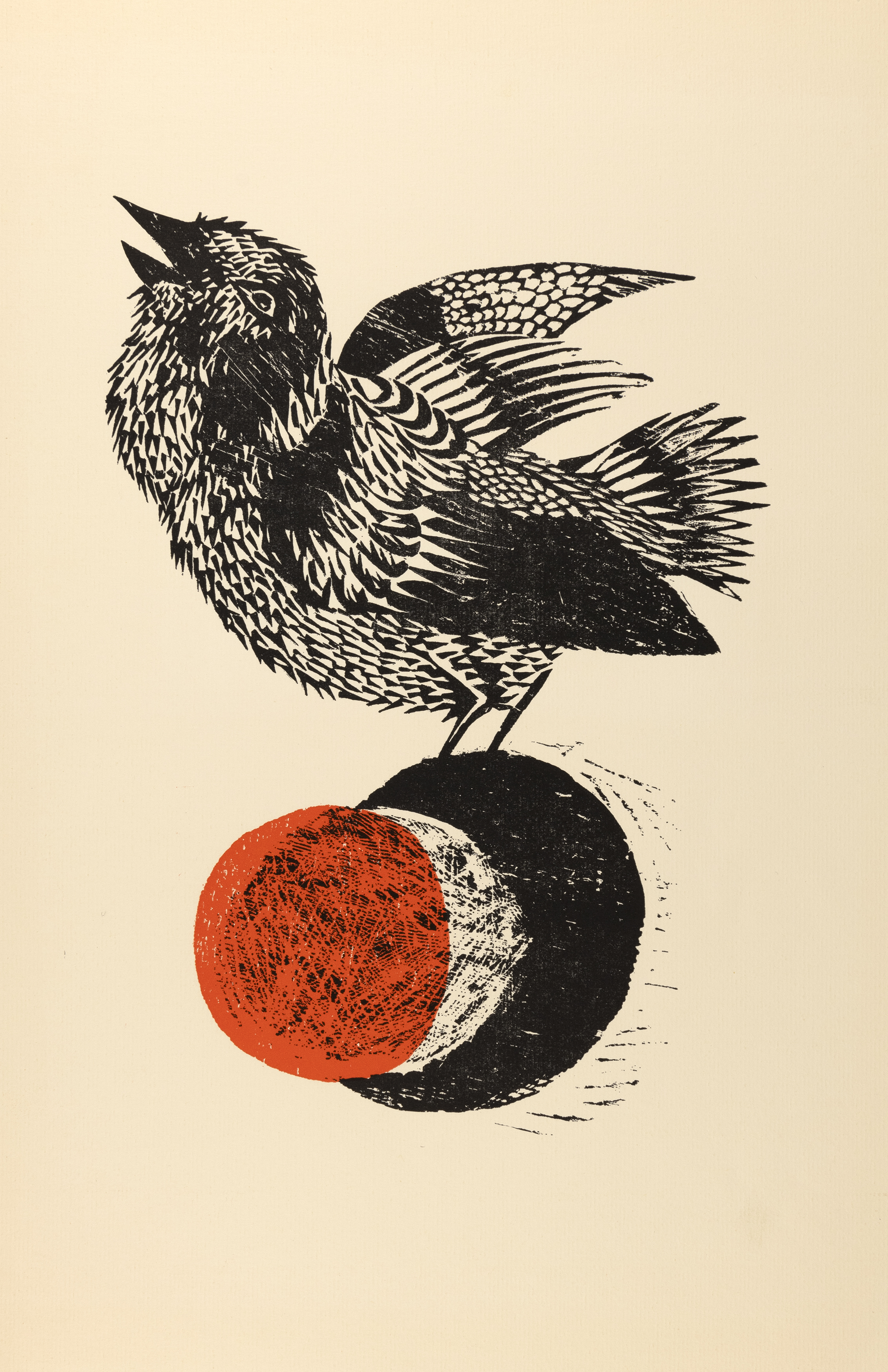 Woodcut illustration of bird on red circle. 