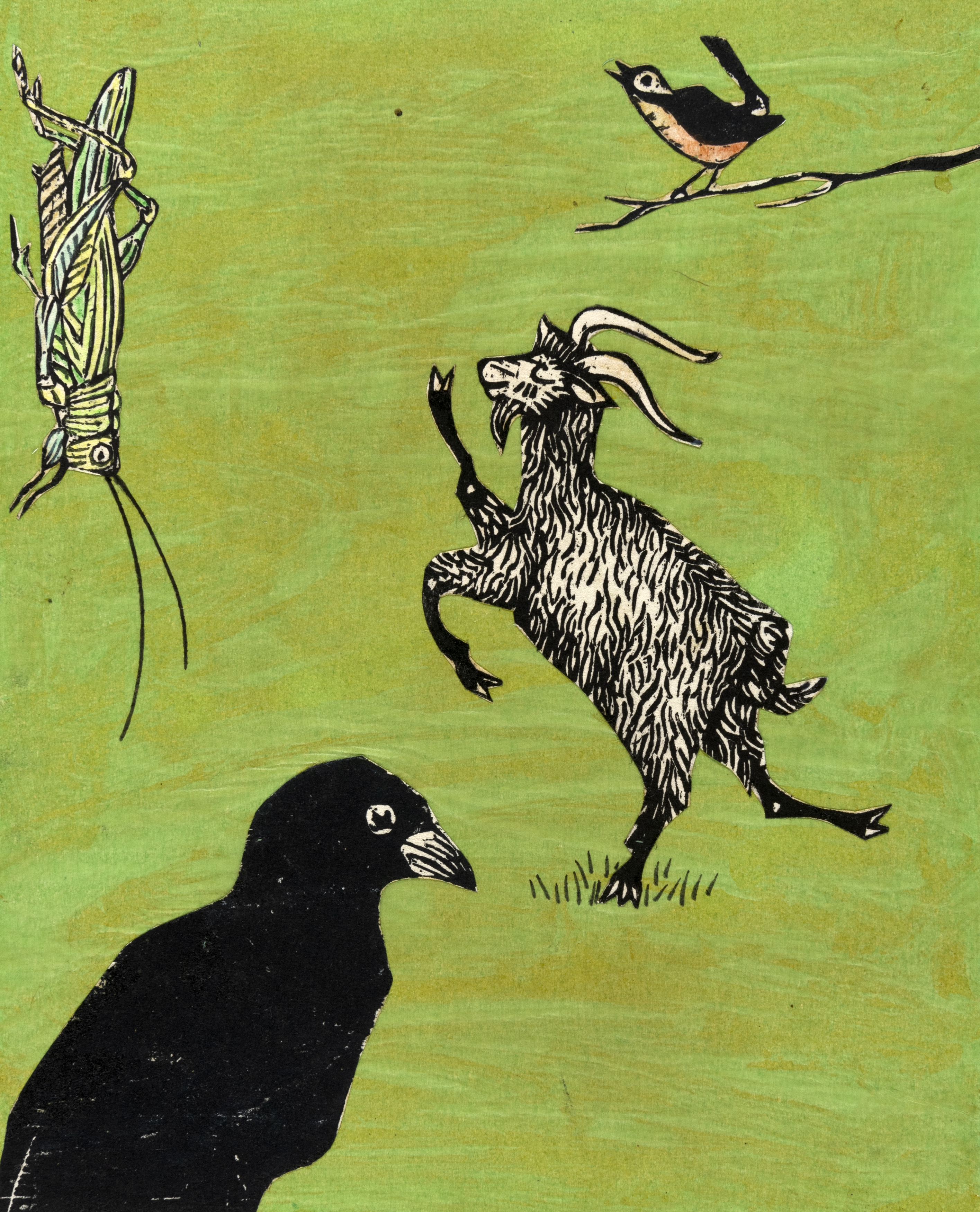 Illustration of goat, crow, cricket, and bird altogether in green landscape. 