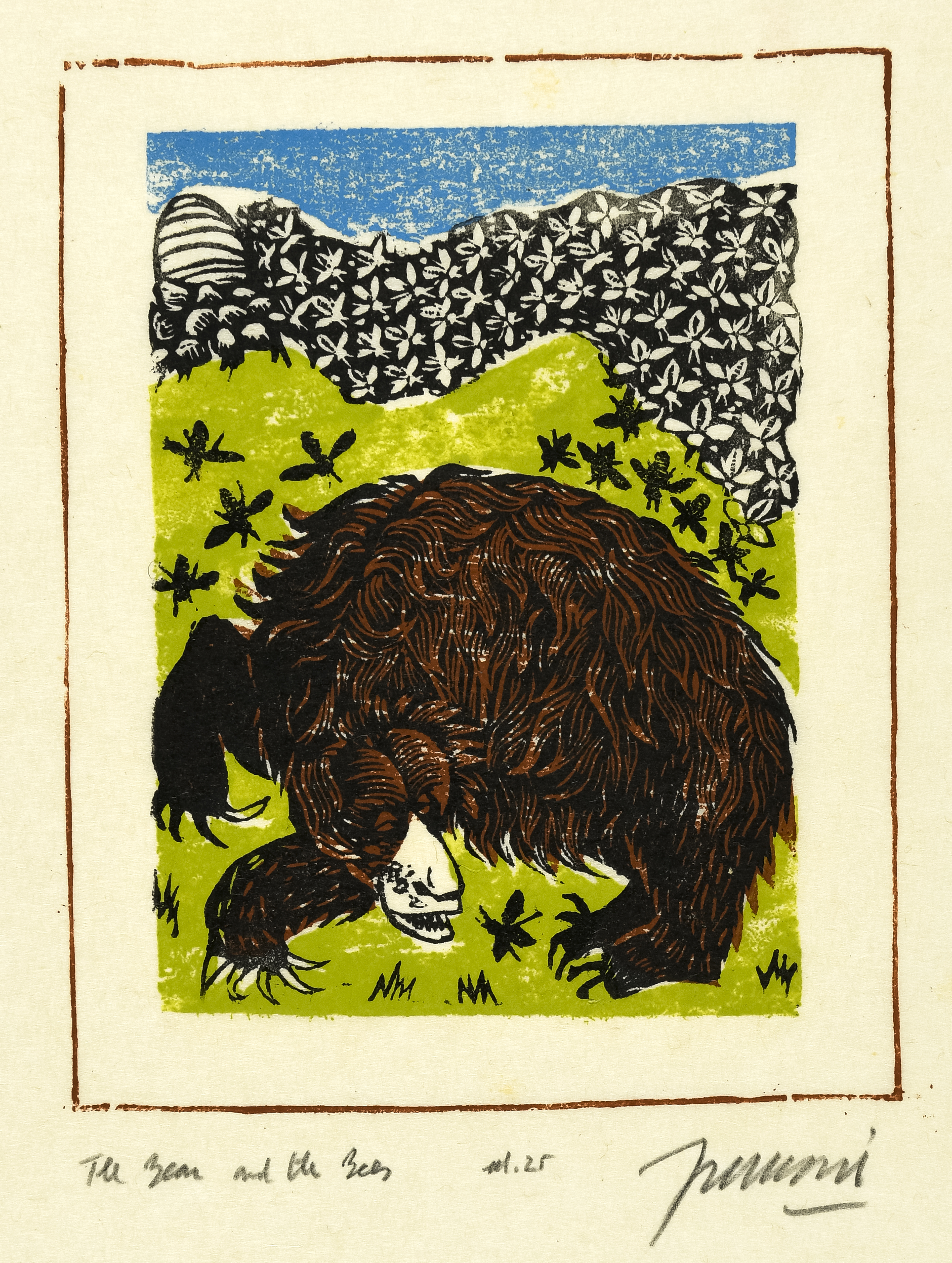 Illustration of bear and bees. 