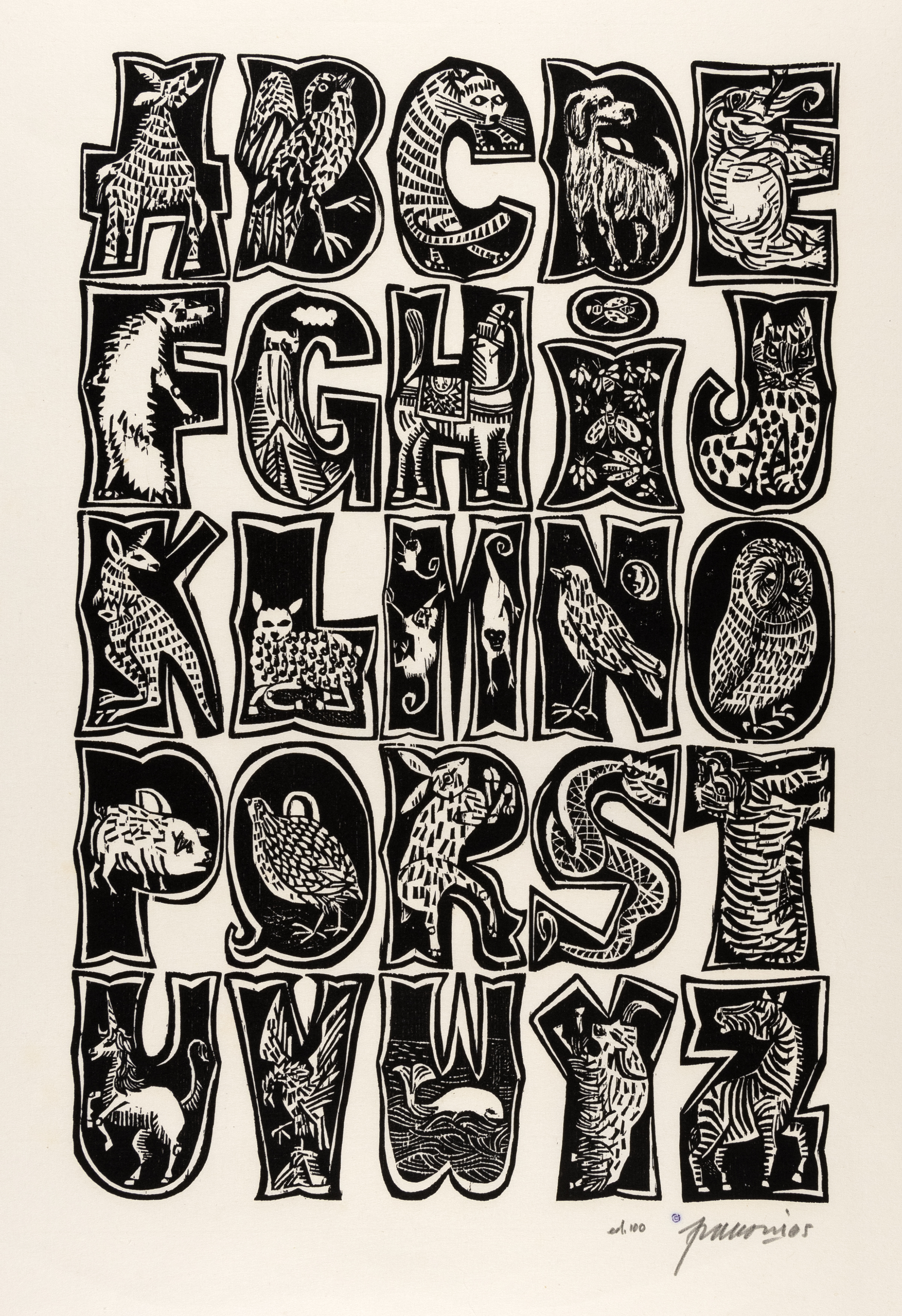 Woodcut illustration of letters of the alphabet. 