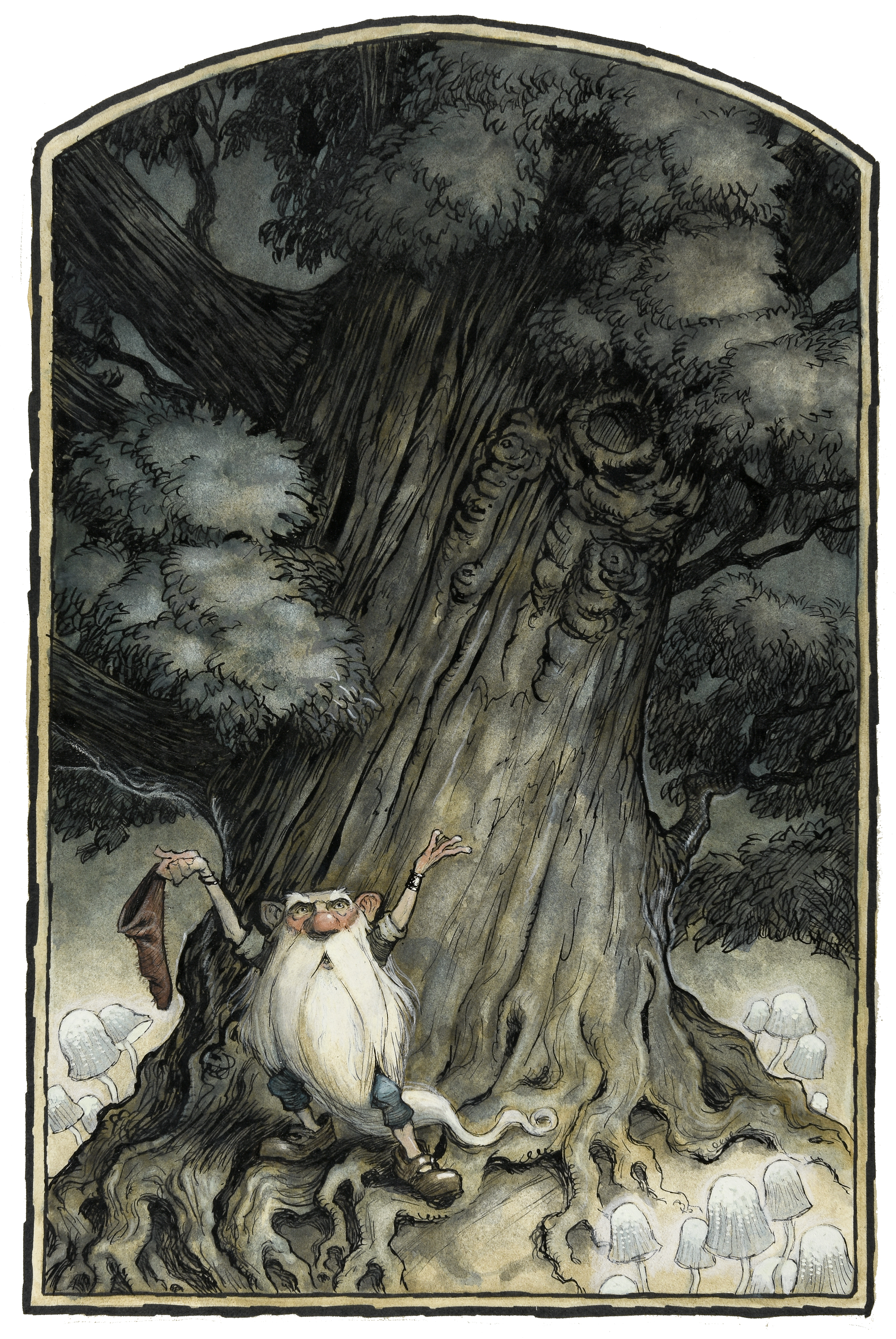 Illustration of bearded magical being next to large tree. 