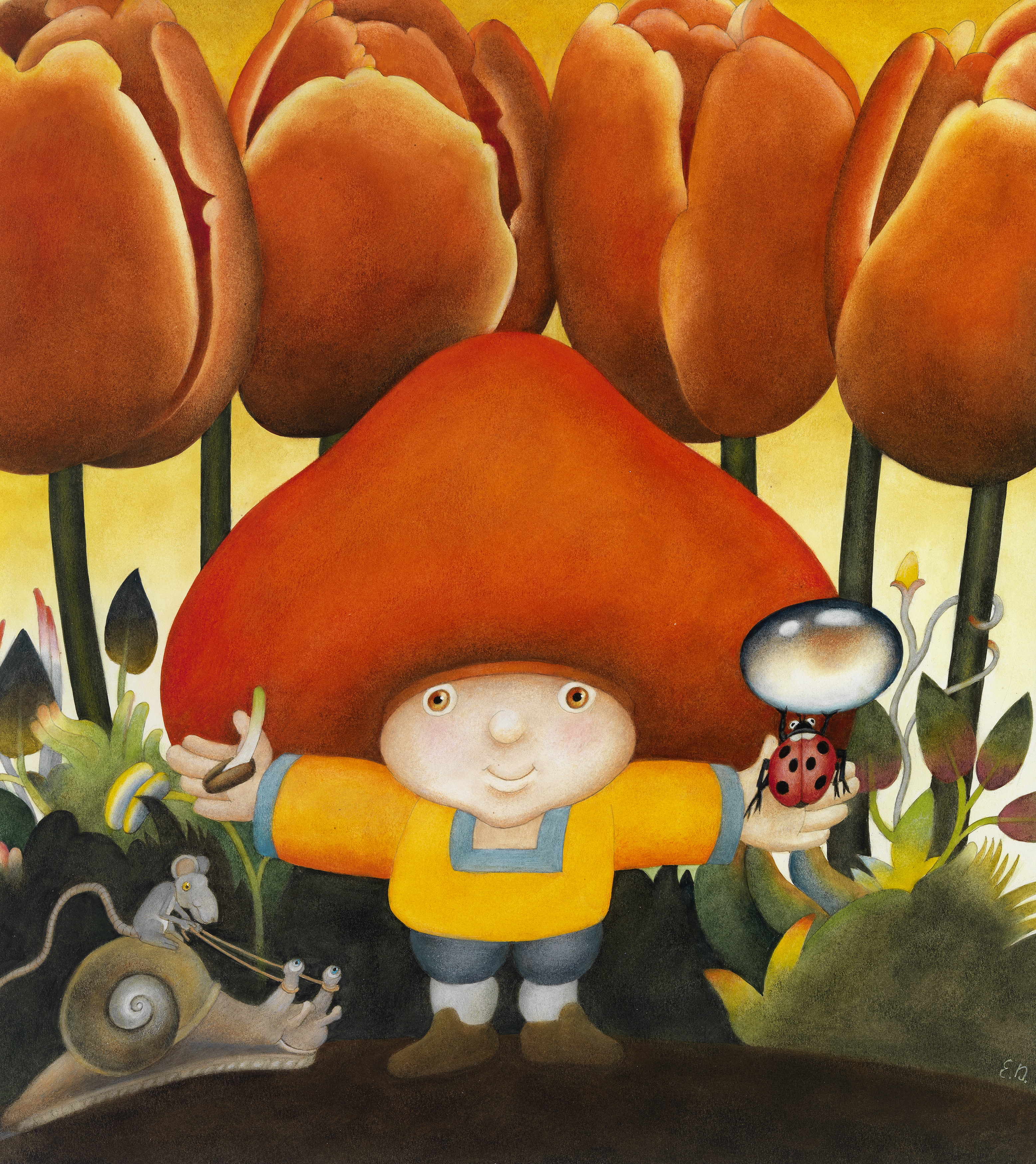 Illustration of boy with large red hat in field of large tulips. 