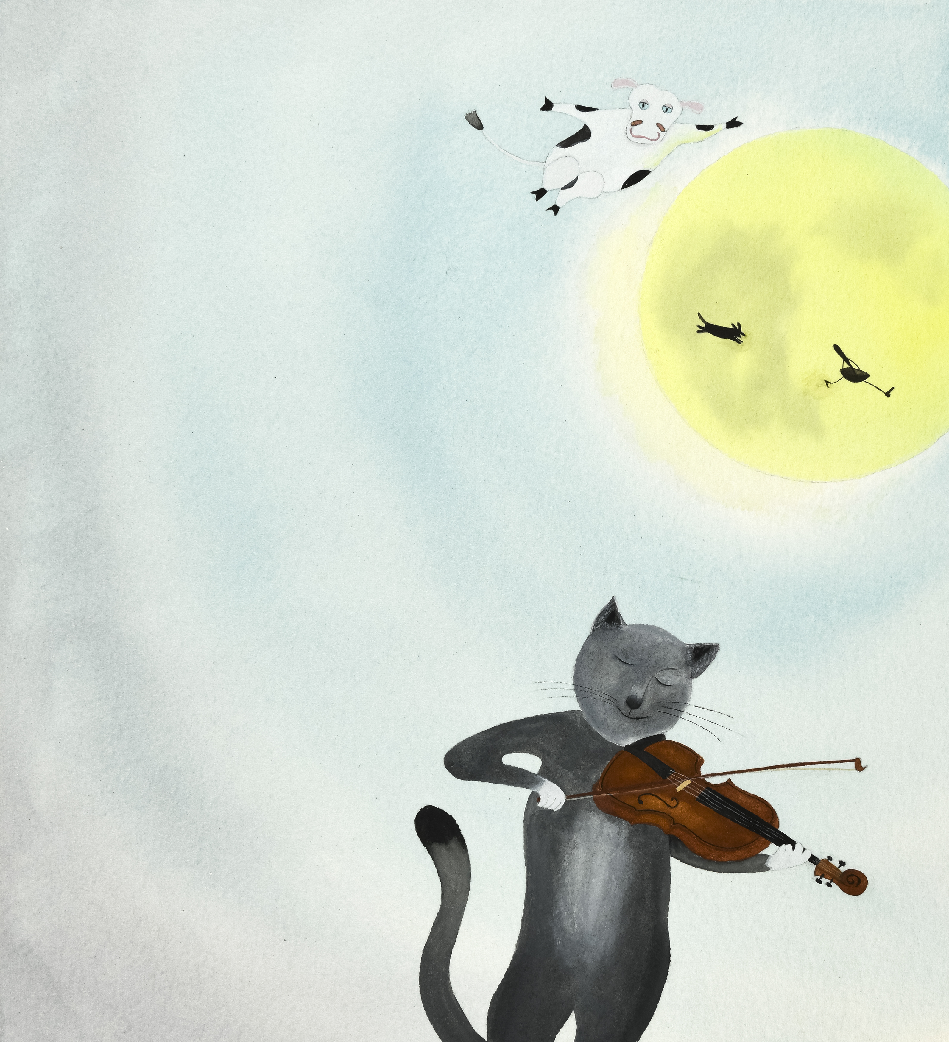 Illustration of cat playing fiddle and cow jumping over the moon. 