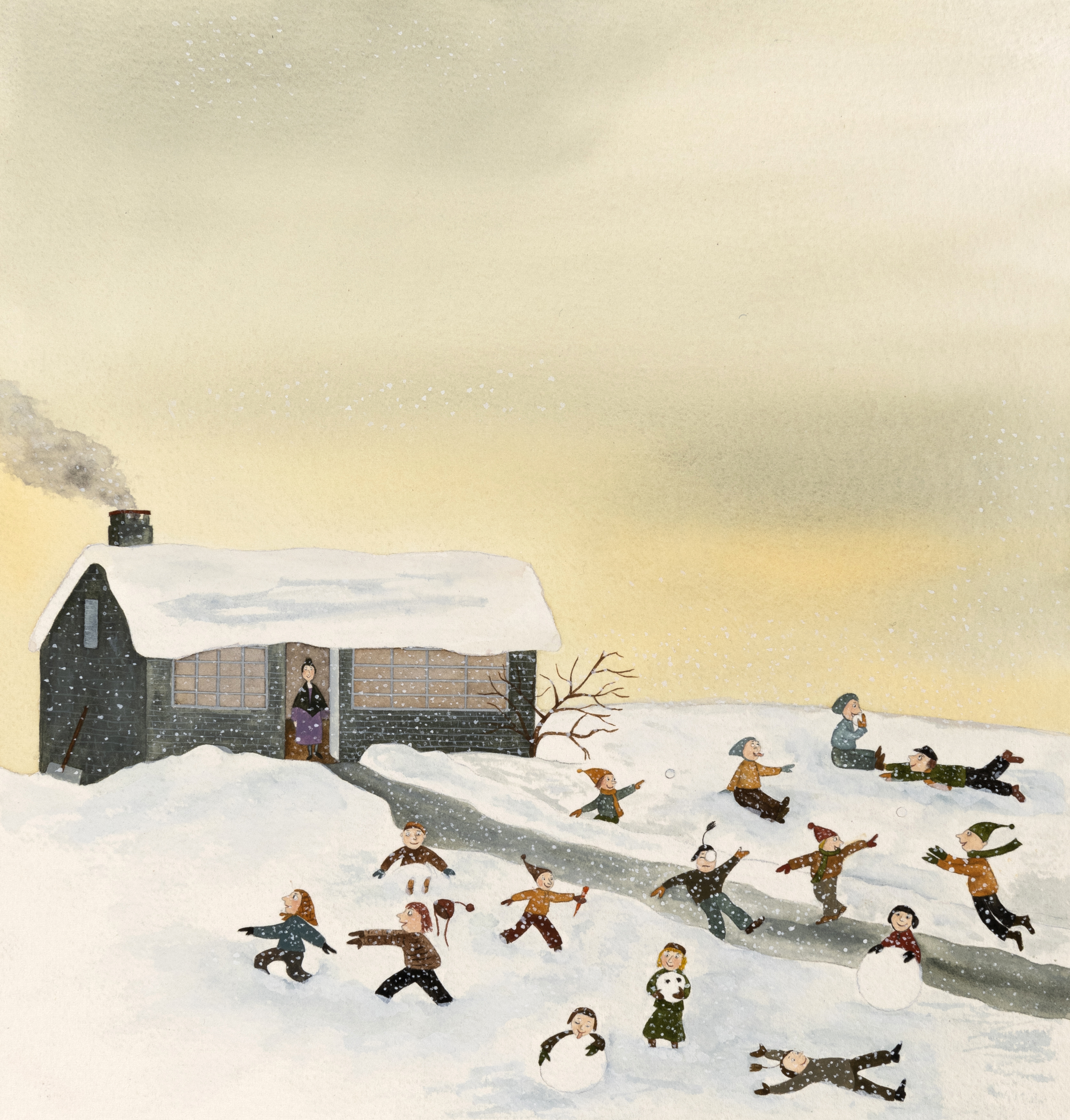 Illustration of children playing on snowy hillside.