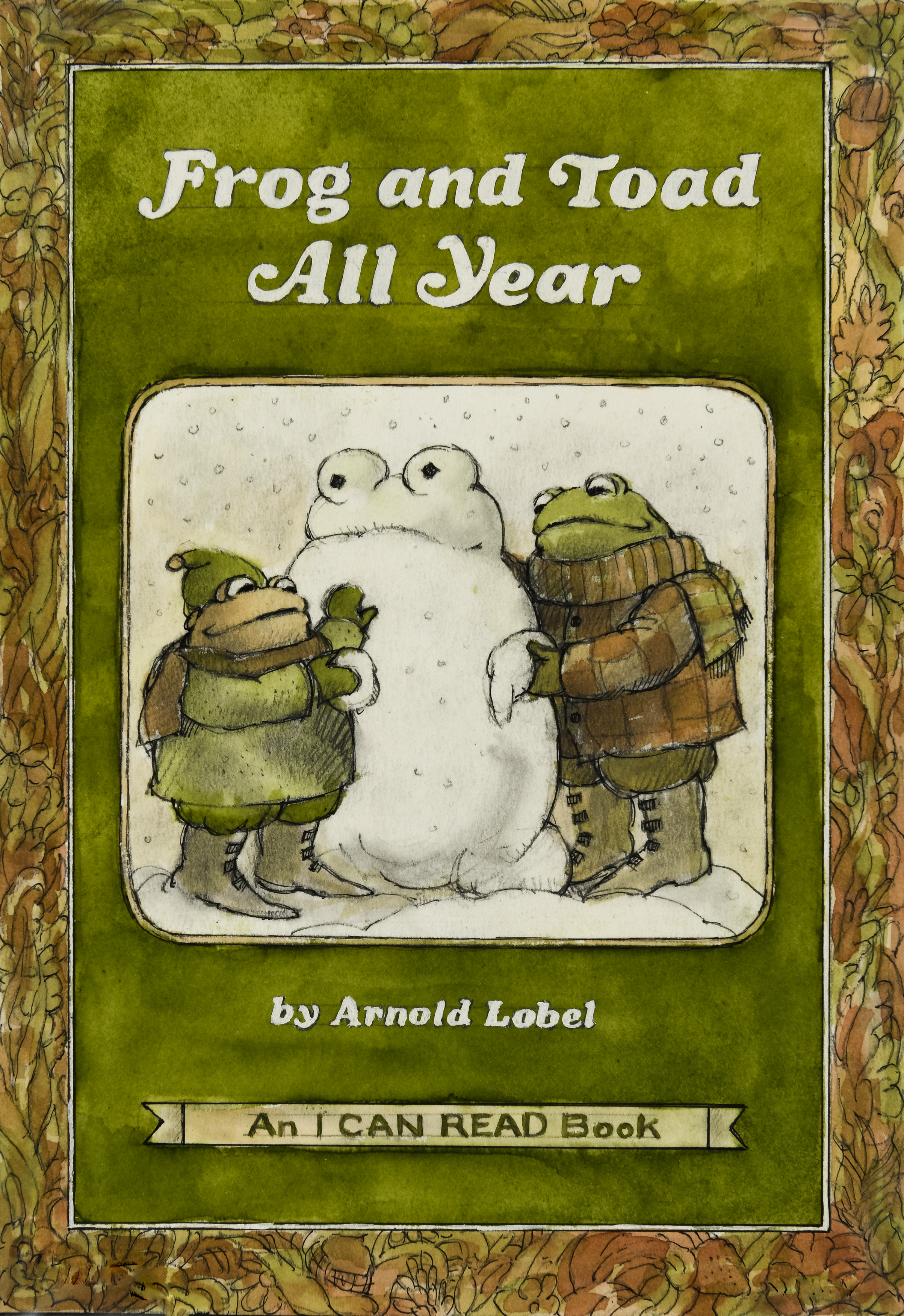 Illustration of book cover with frog and toad with snowman. 