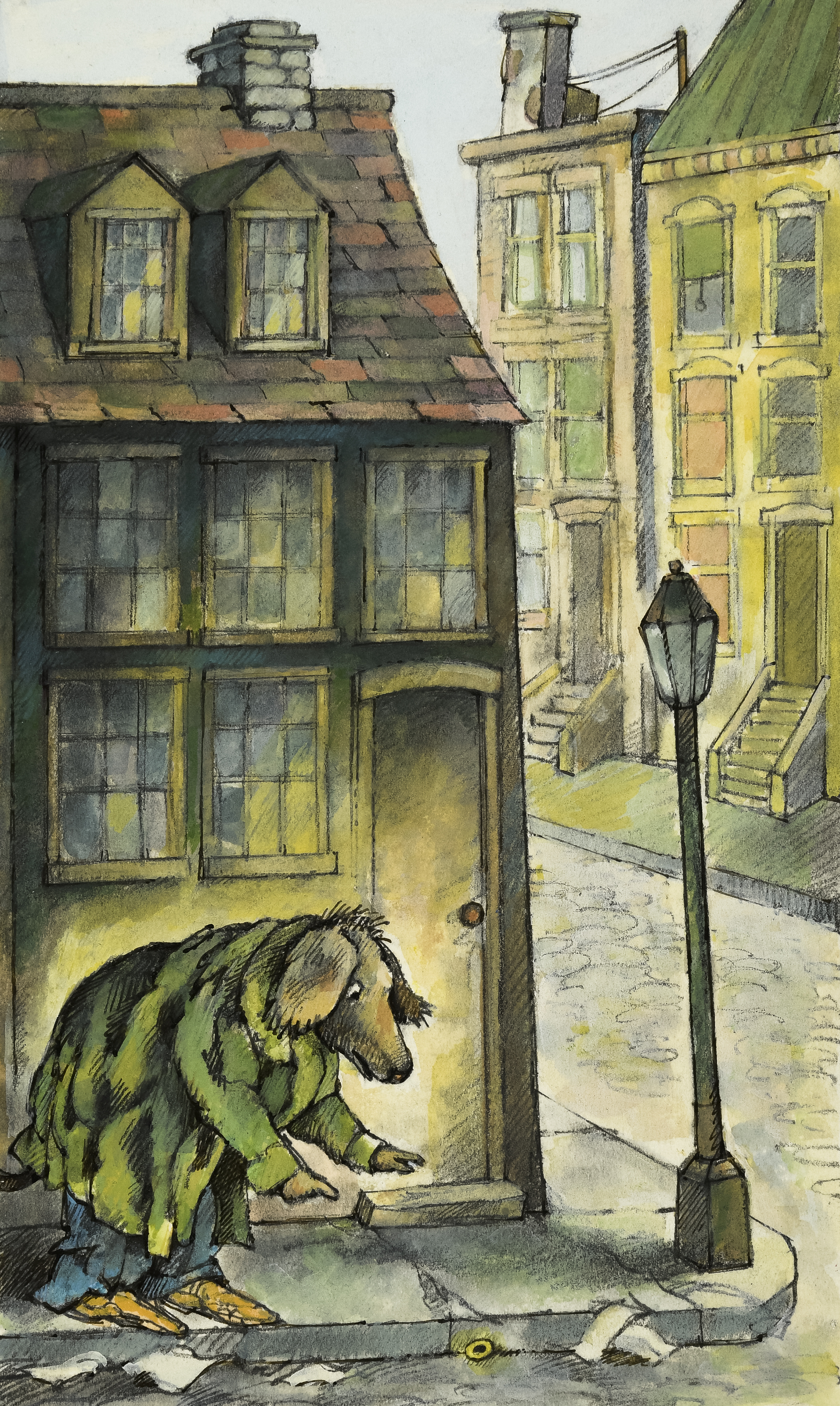 Illustration of dog begging on street. 