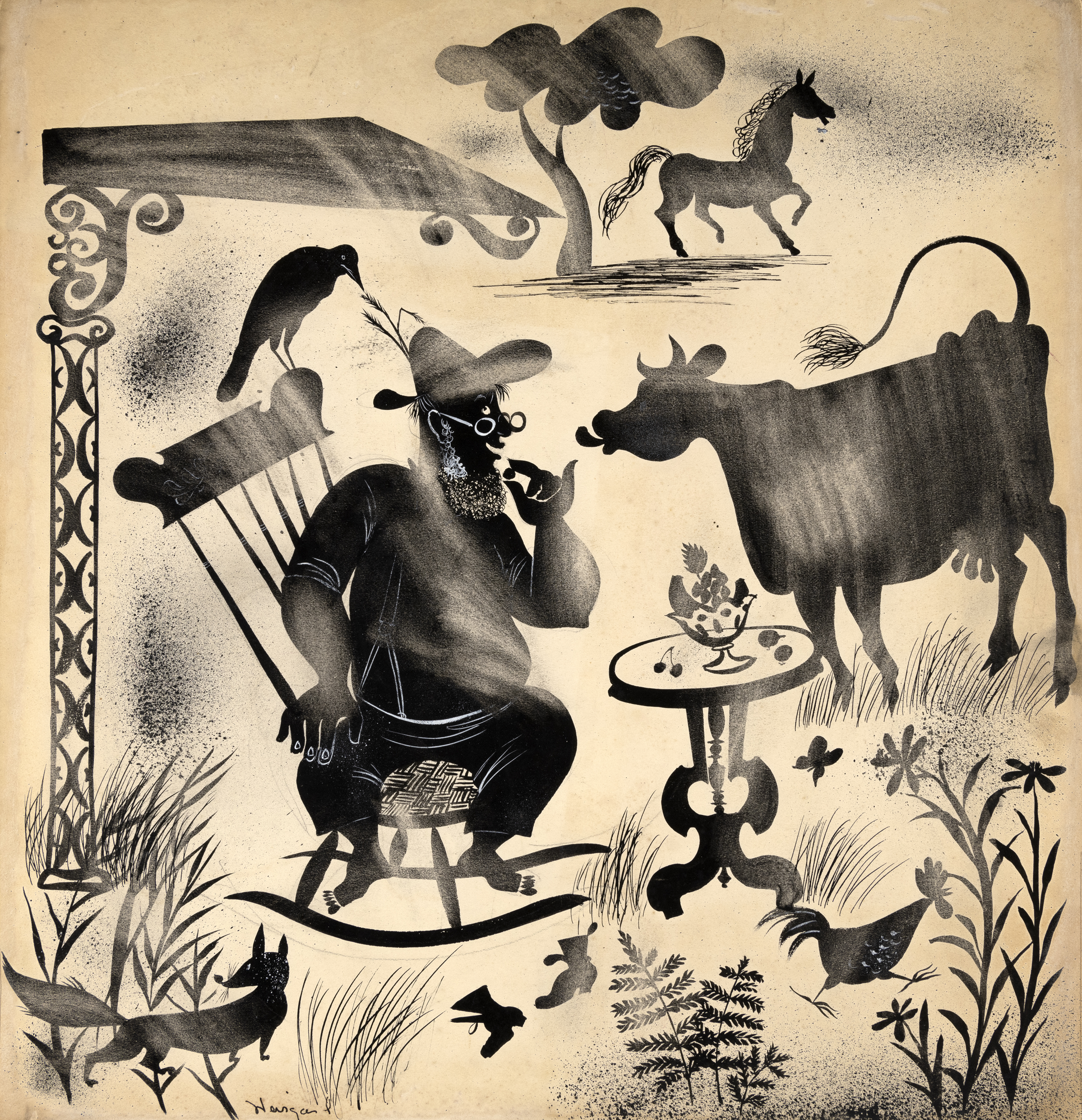 Illustration of farmer and cow sitting in field. 