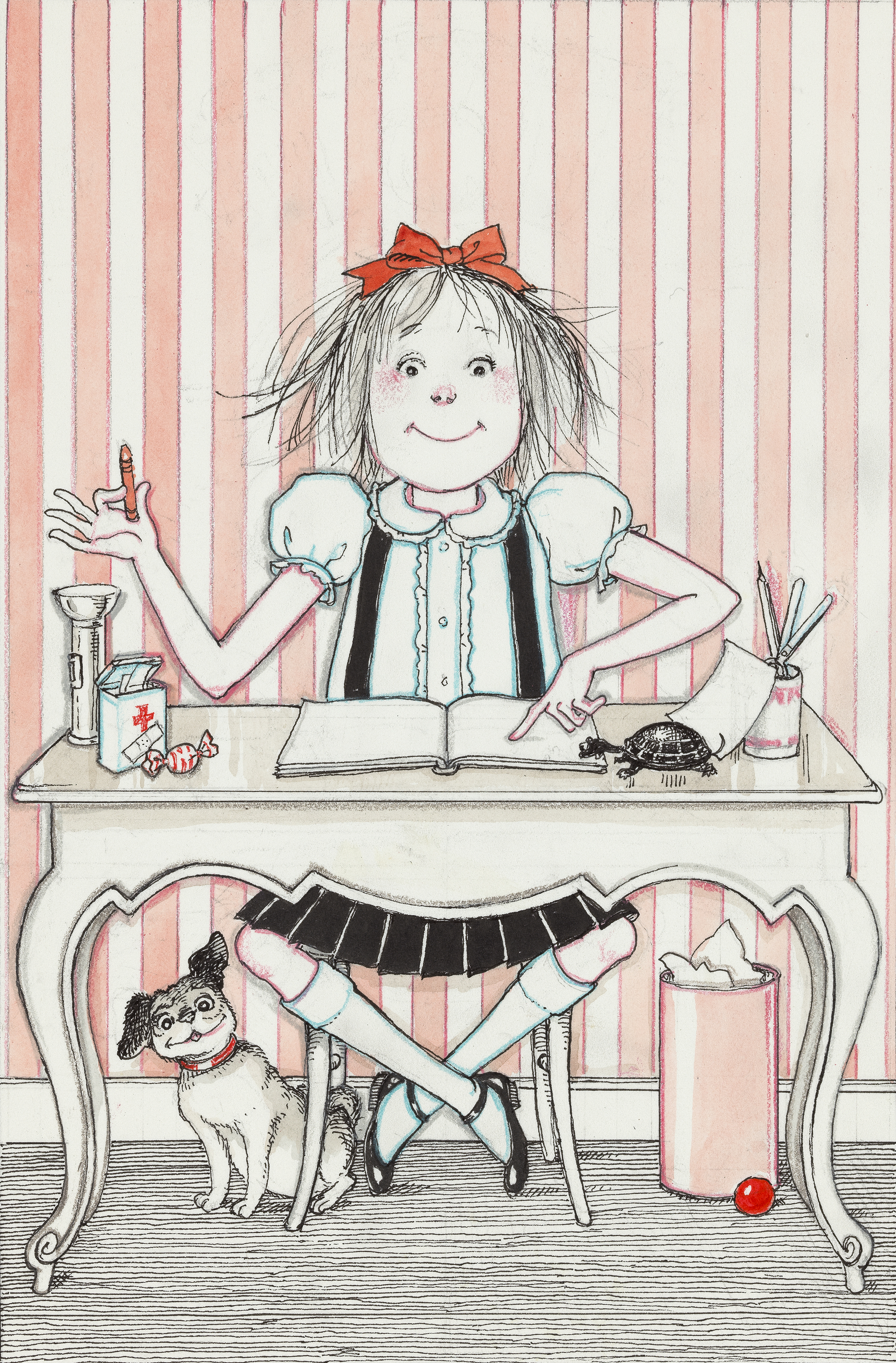 Illustration of girl sitting at desk with pug dog underfoot. 