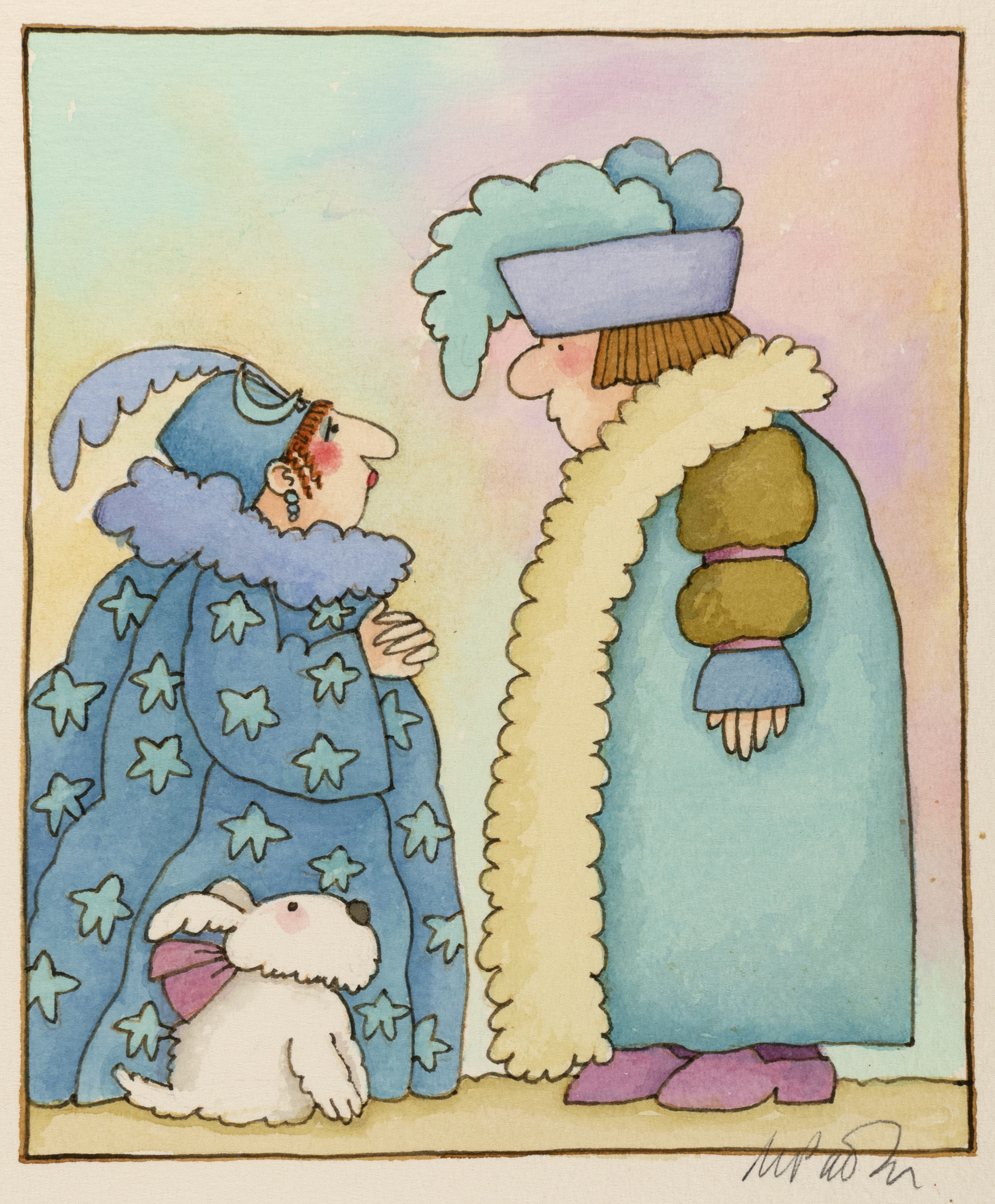 Illustration of two women in housecoats talking. 