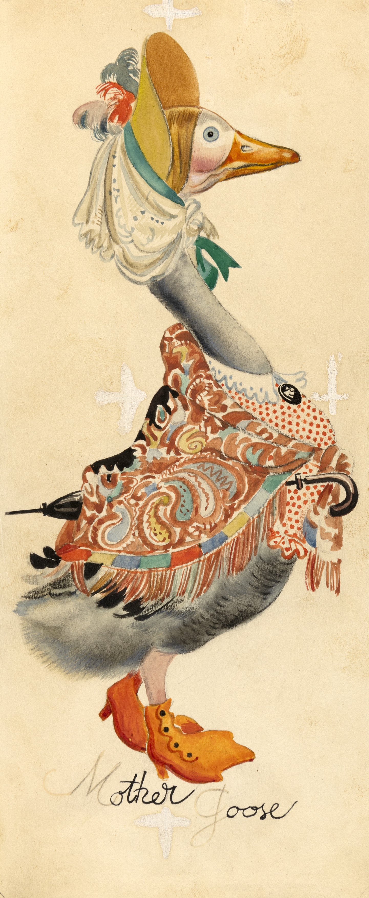 Illustration of goose dressed in shawl. 