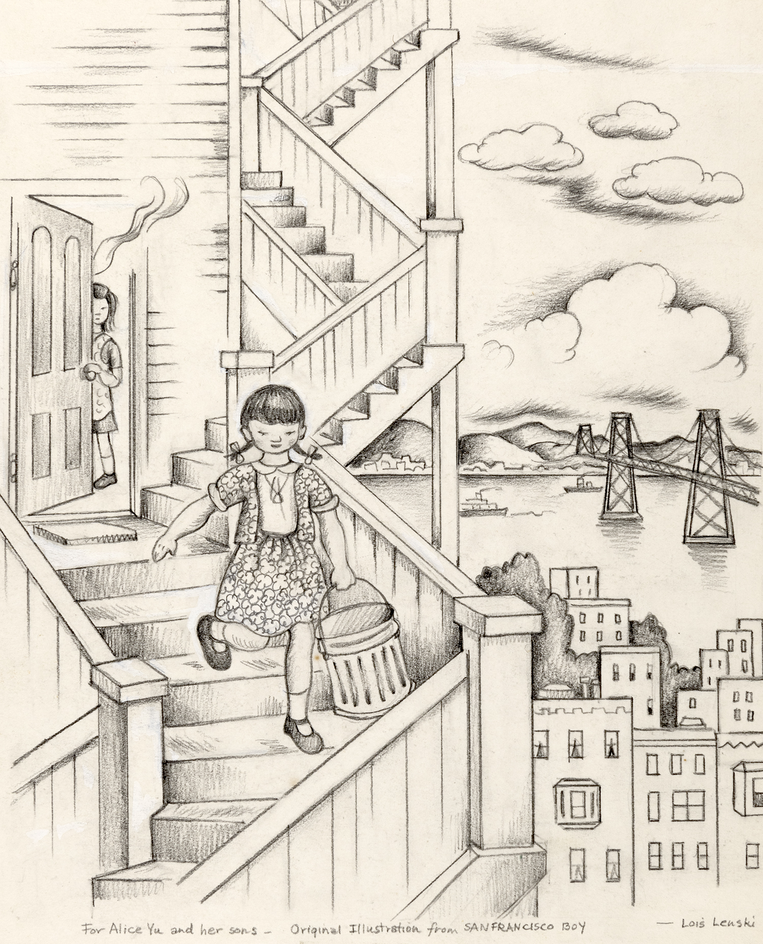 Illustration of girl on staircase of apartment building in San Francisco.