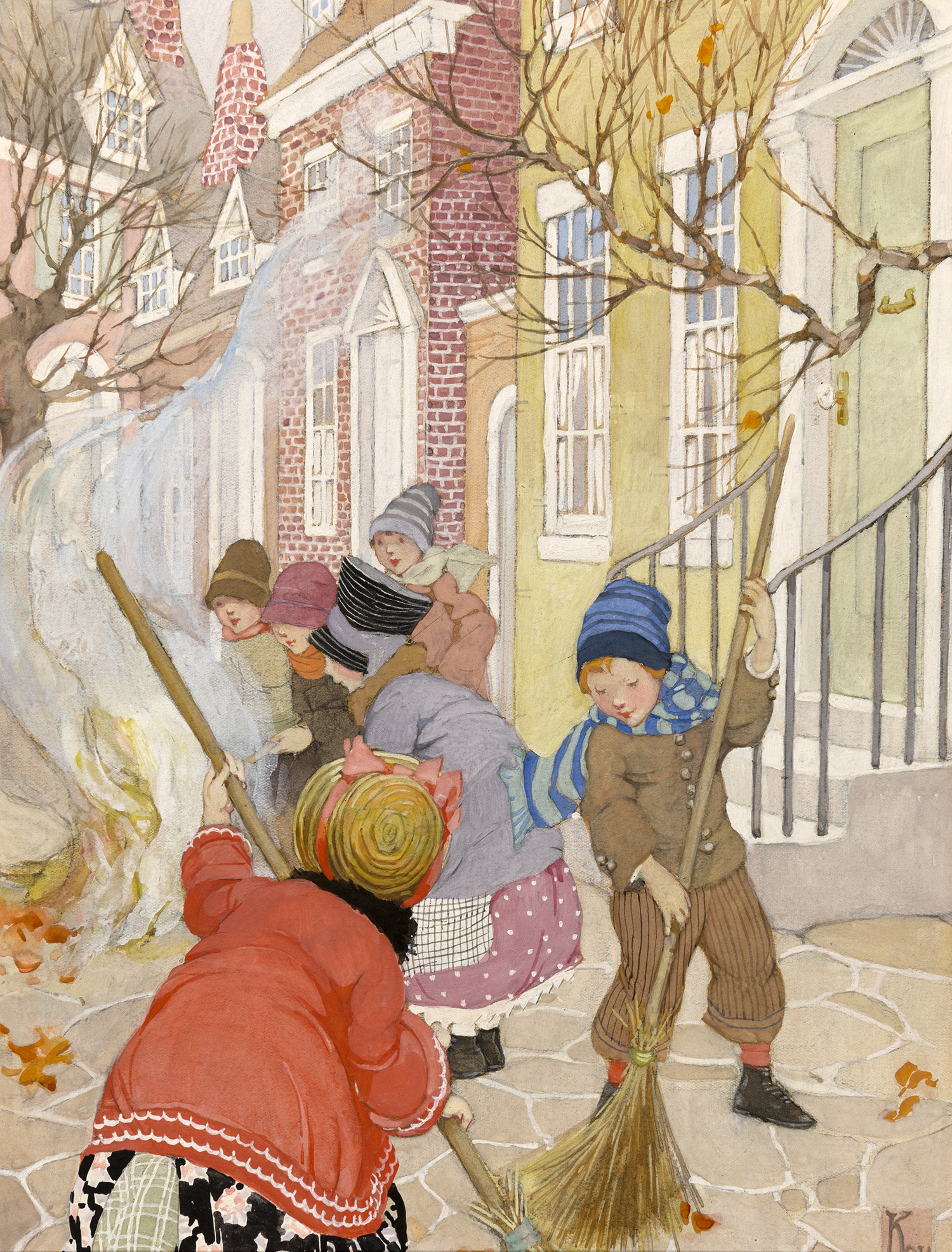 Illustration of children raking leaves on city sidewalk. 