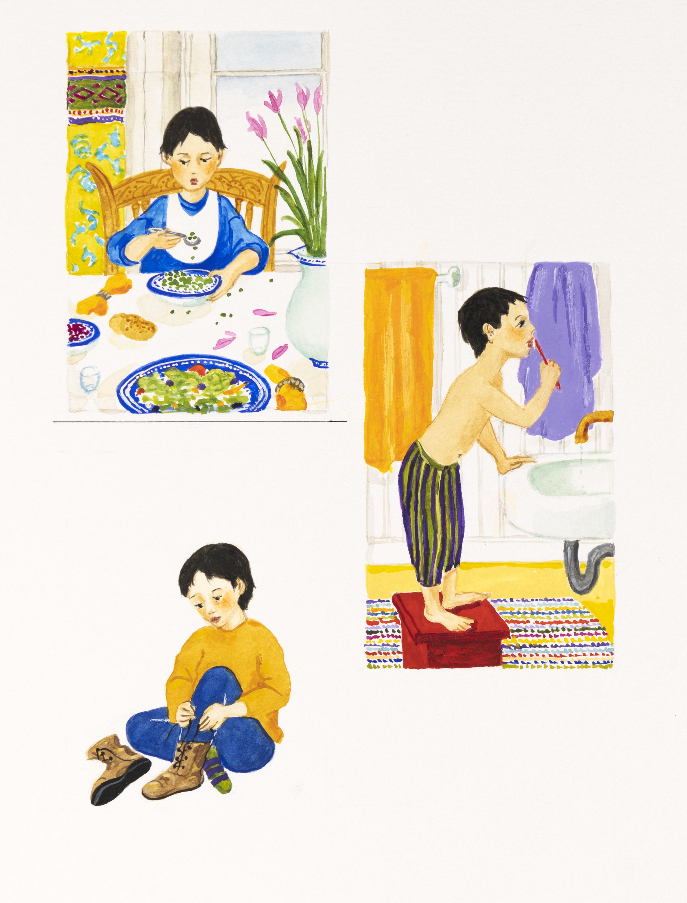 Illustration of child eating, brushing teeth, and putting on boots. 