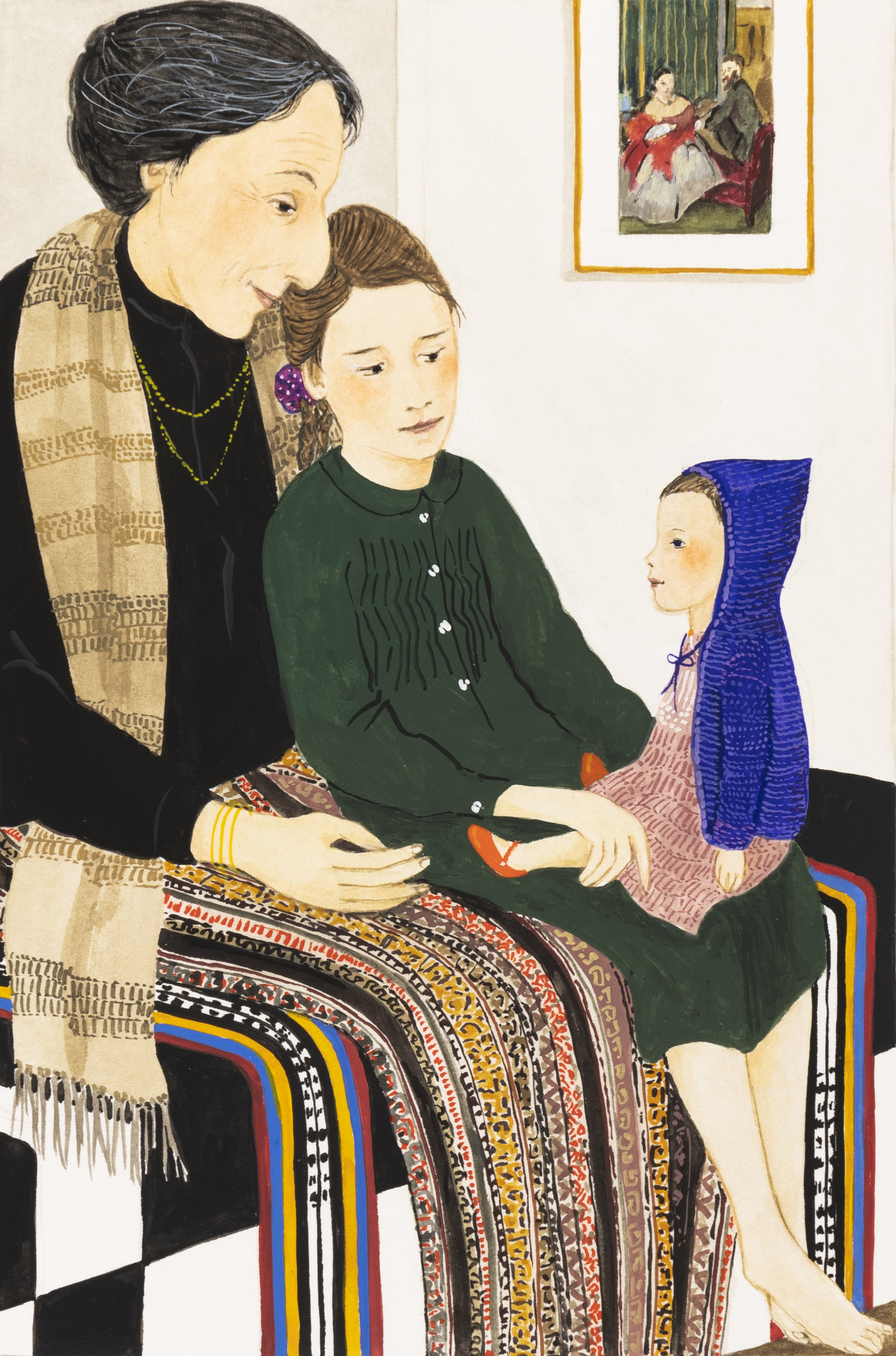 Illustration of girl with doll sitting on lap of older woman. 