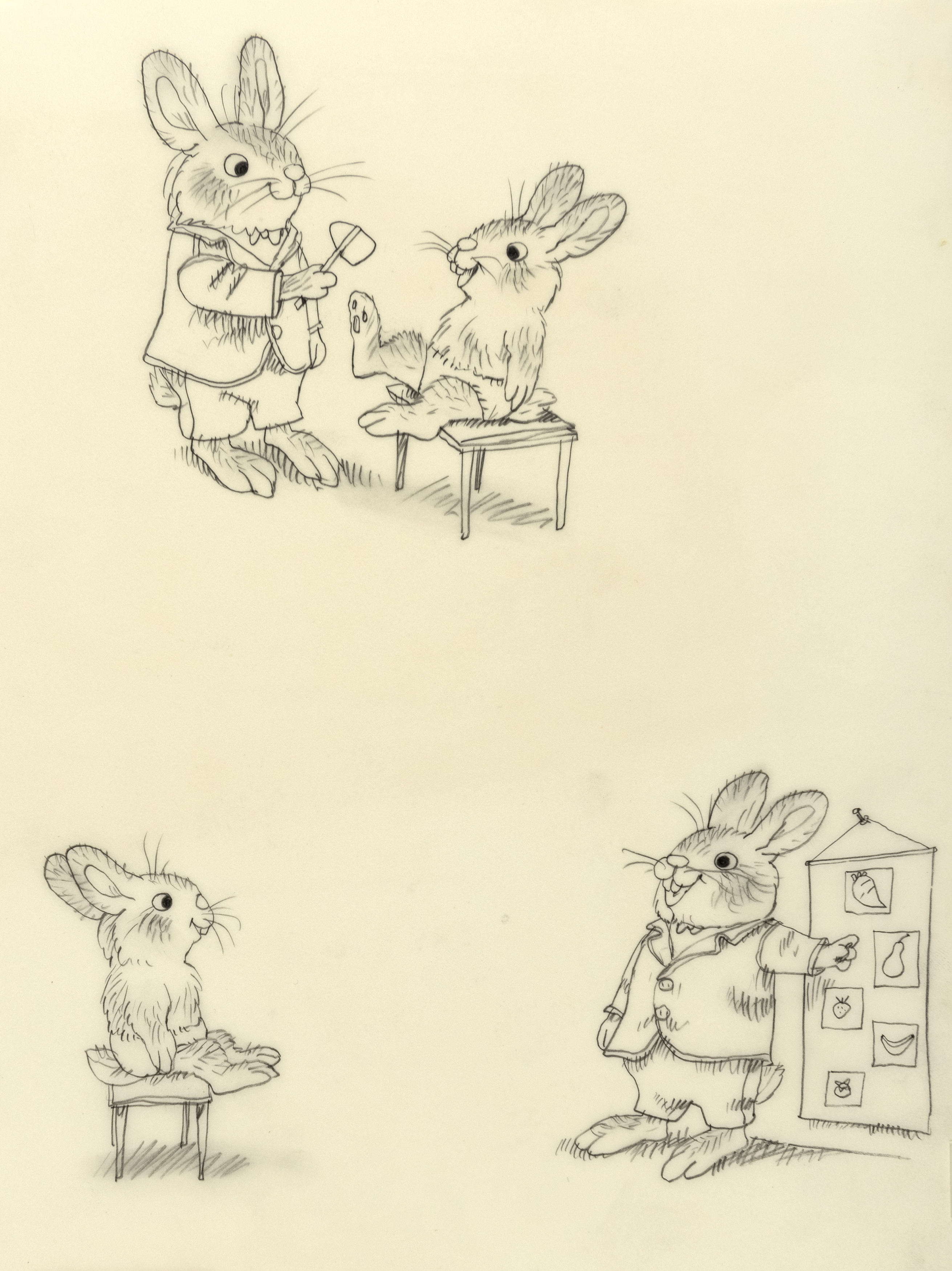 Illustration of bunnies doing various everyday things. 