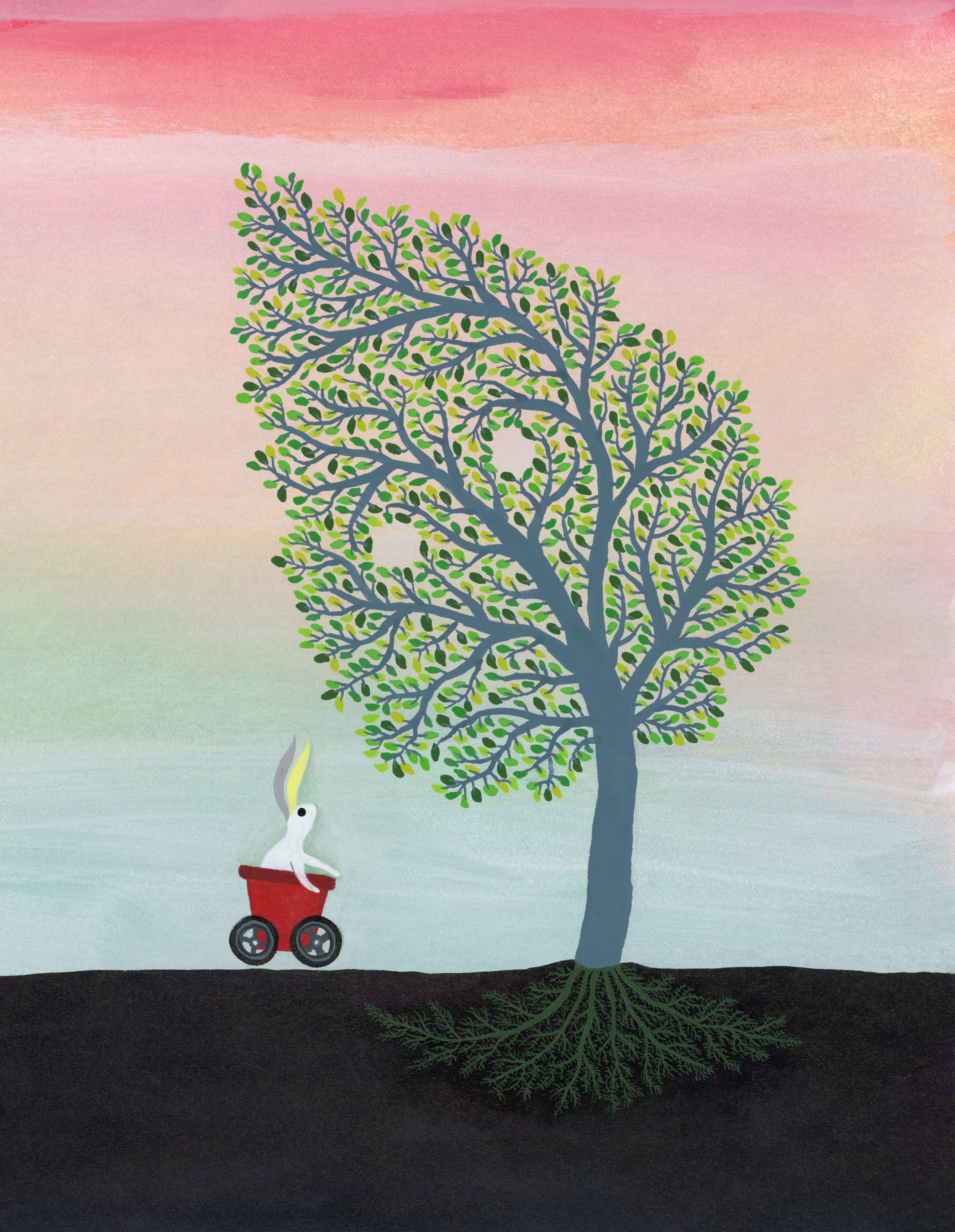 A white bunny in a small red cart looking up at a tree with green leaves, against a pink sky.