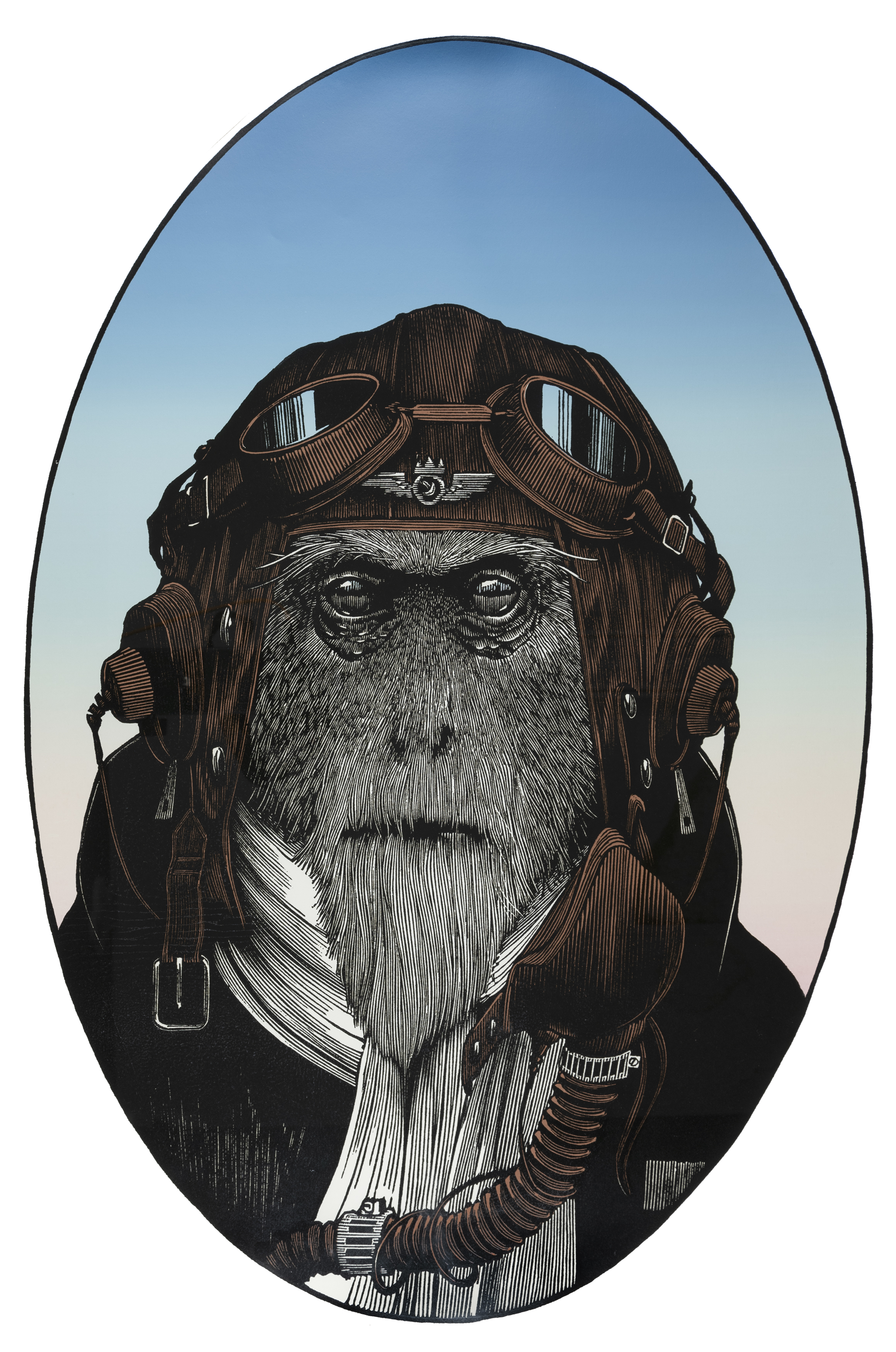 Illustration of portrait of monkey in flying helmet. 