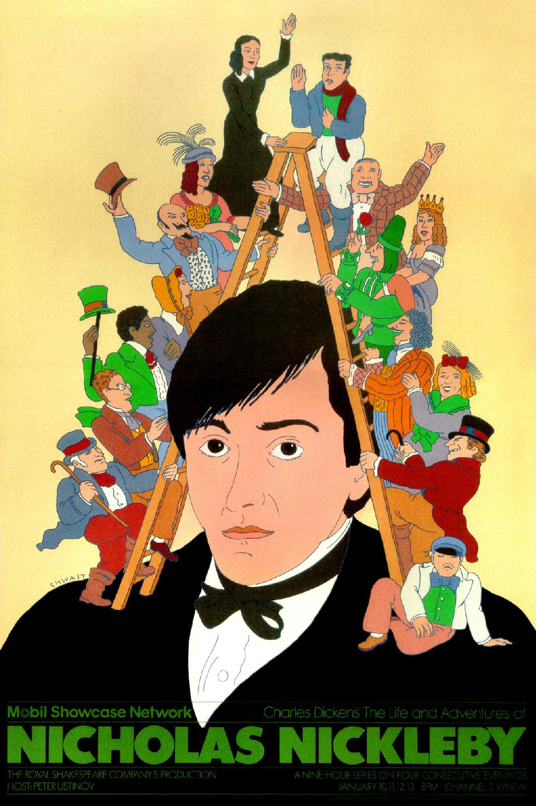 Poster of man in suit surrounded by people on ladder.