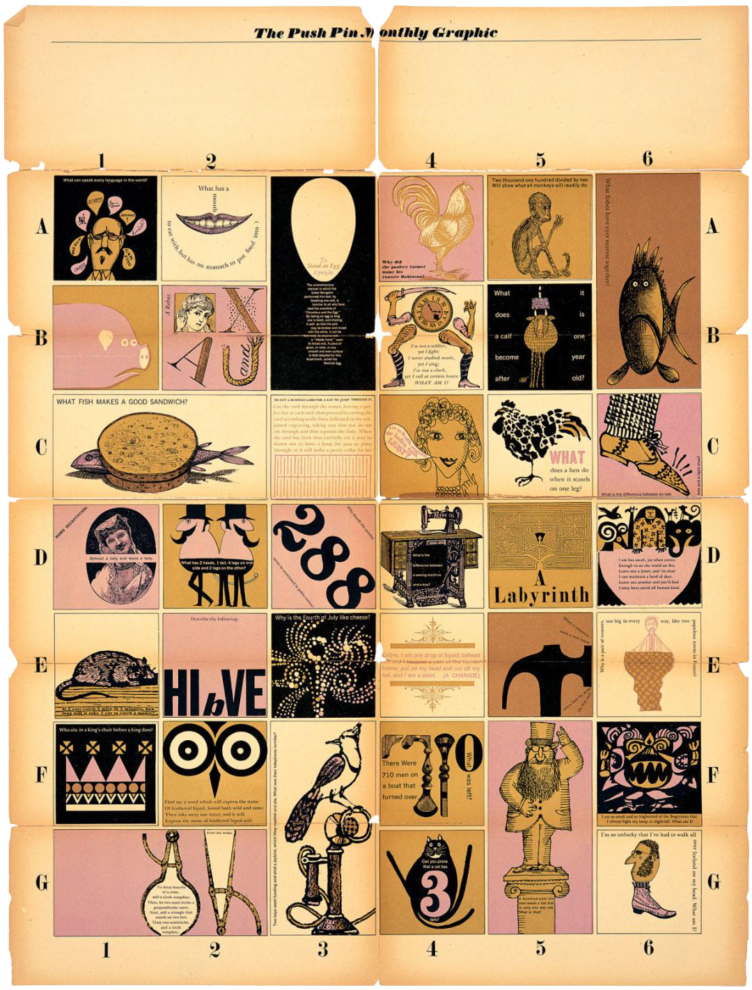 Illustration of squares with various images in pink and mustard colors.