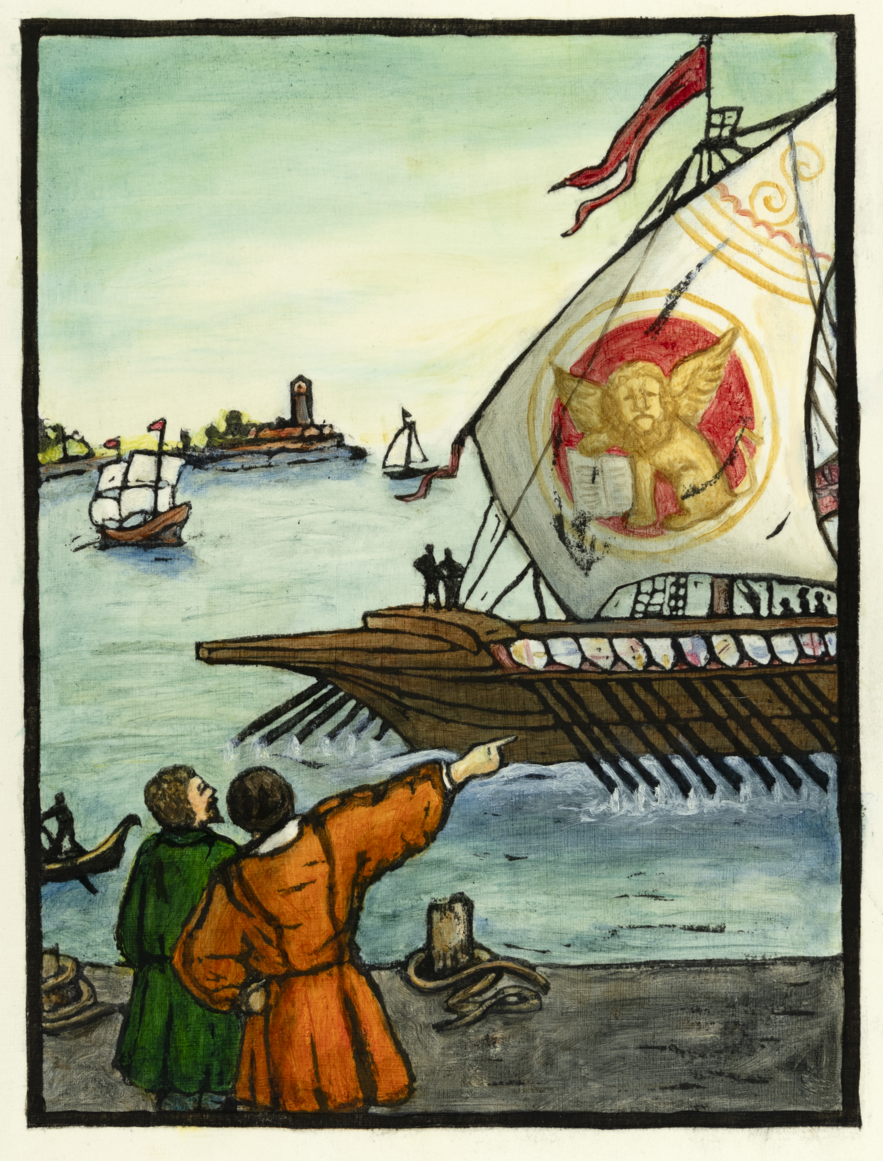 Illustration of men on shore pointing at ships in water. 