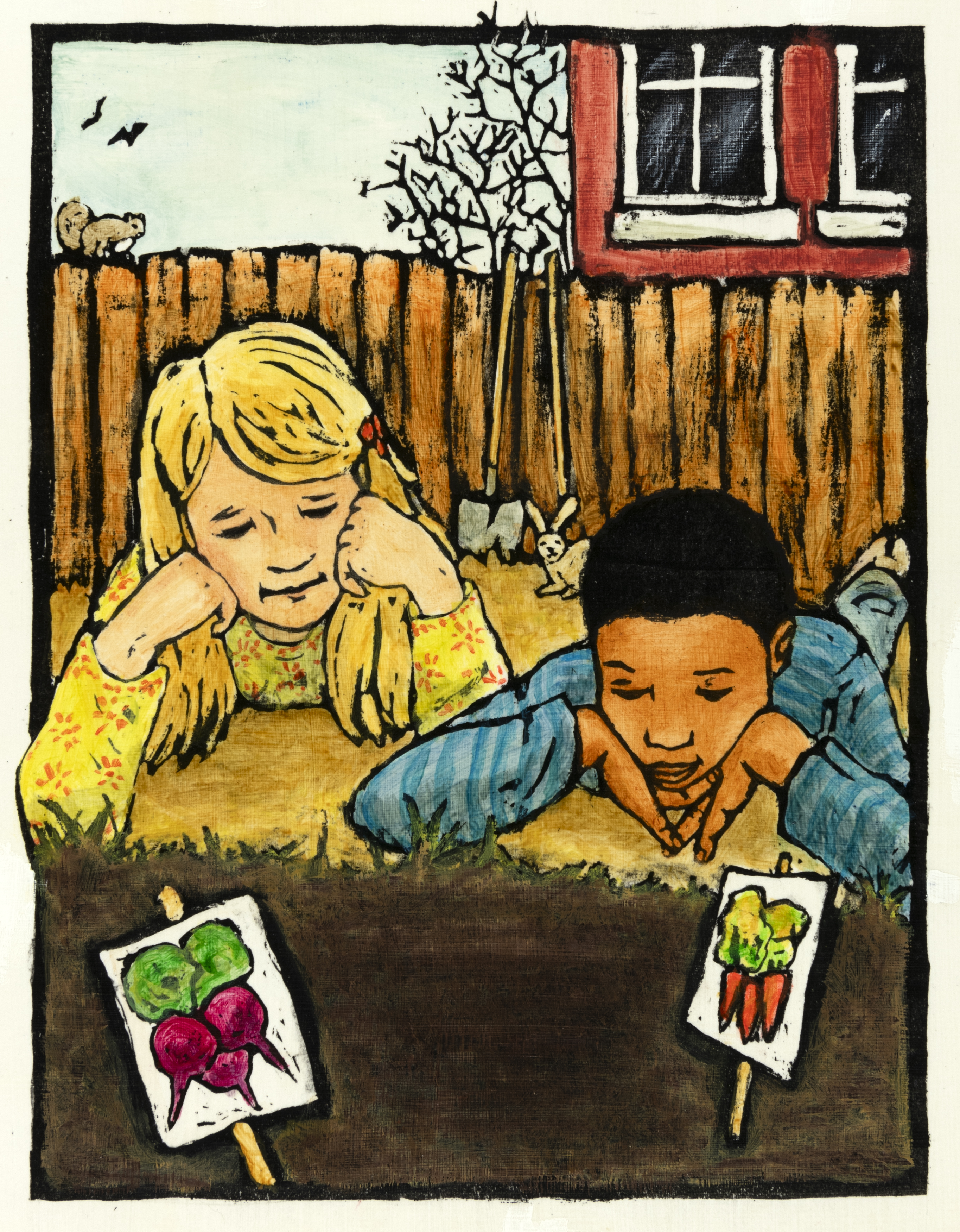 Illustration of children looking at seeds in garden. 