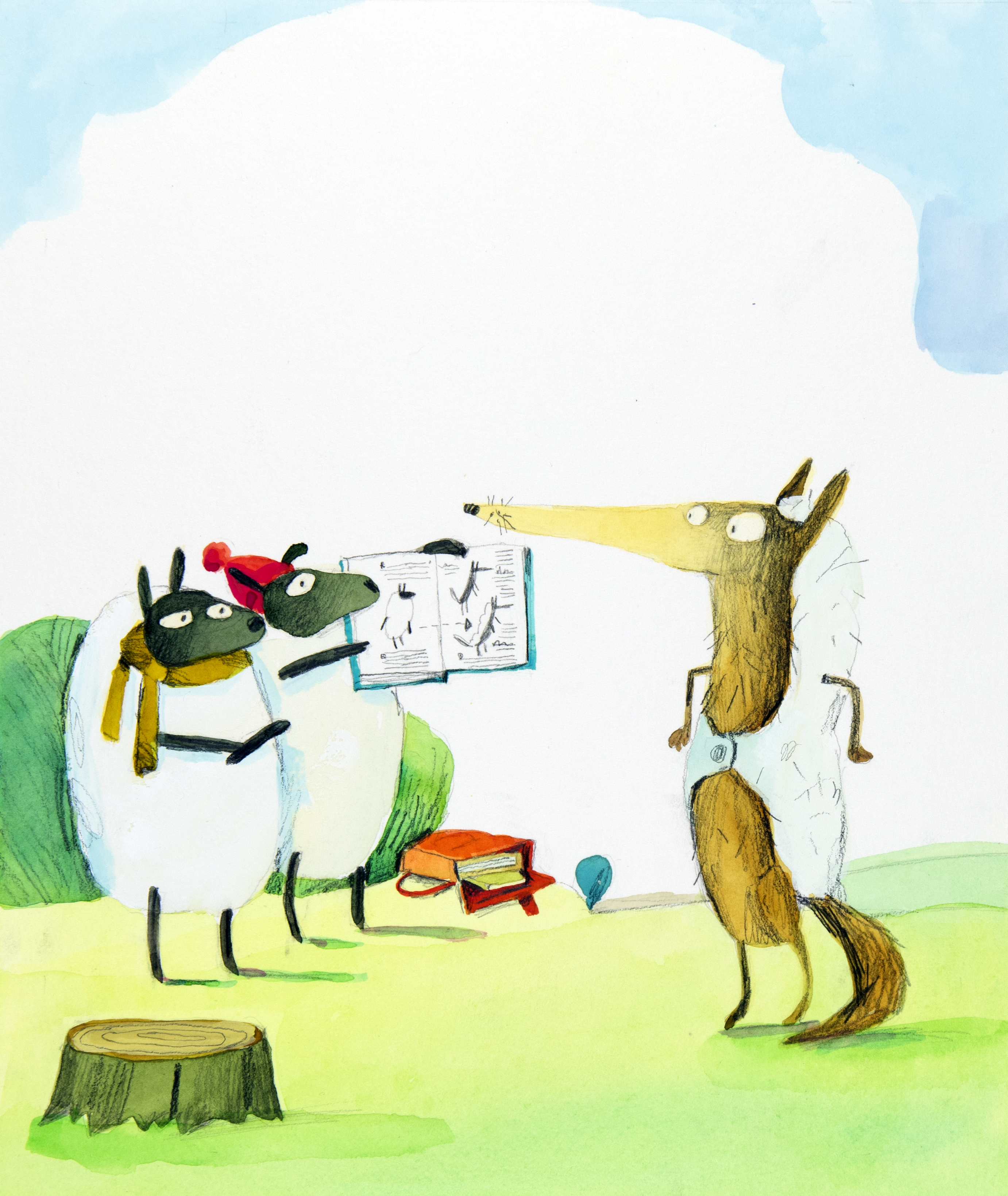 illustration of two sheep with book.