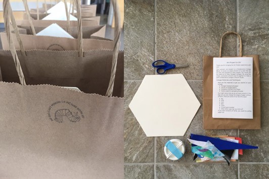Two images: Brown paper bags stamped with The Very Hungry Caterpillar, and the contents of an Art Project to Go! bag
