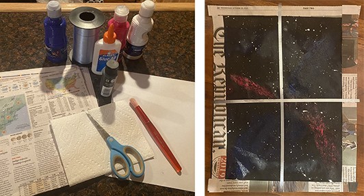 Two images, the first showing materials used in the project including glue, paint, ribbon, scissors and a paintbrush. The second image shows a painting of outer space framed by newspaper. 
