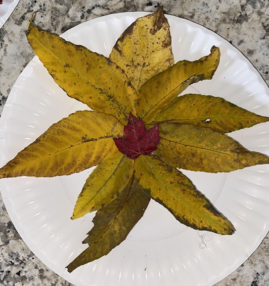 Collage of a flower made with yellow leaves with a red center. 