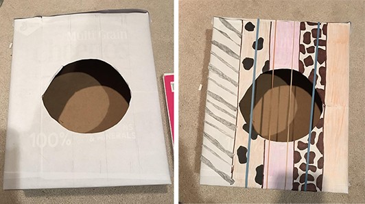 A series of two images: the first shows a cardboard box with a circle cut in the top, the second image shows the box with patterns added and rubber bands stretched across the hole to make a guitar. 