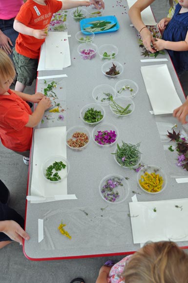 Materials Play at The Eric Carle Museum: leaf collage on contact paper