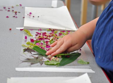 Materials Play at The Eric Carle Museum: table setup for leaf collages