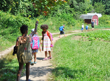 Photo of us walking to the farm