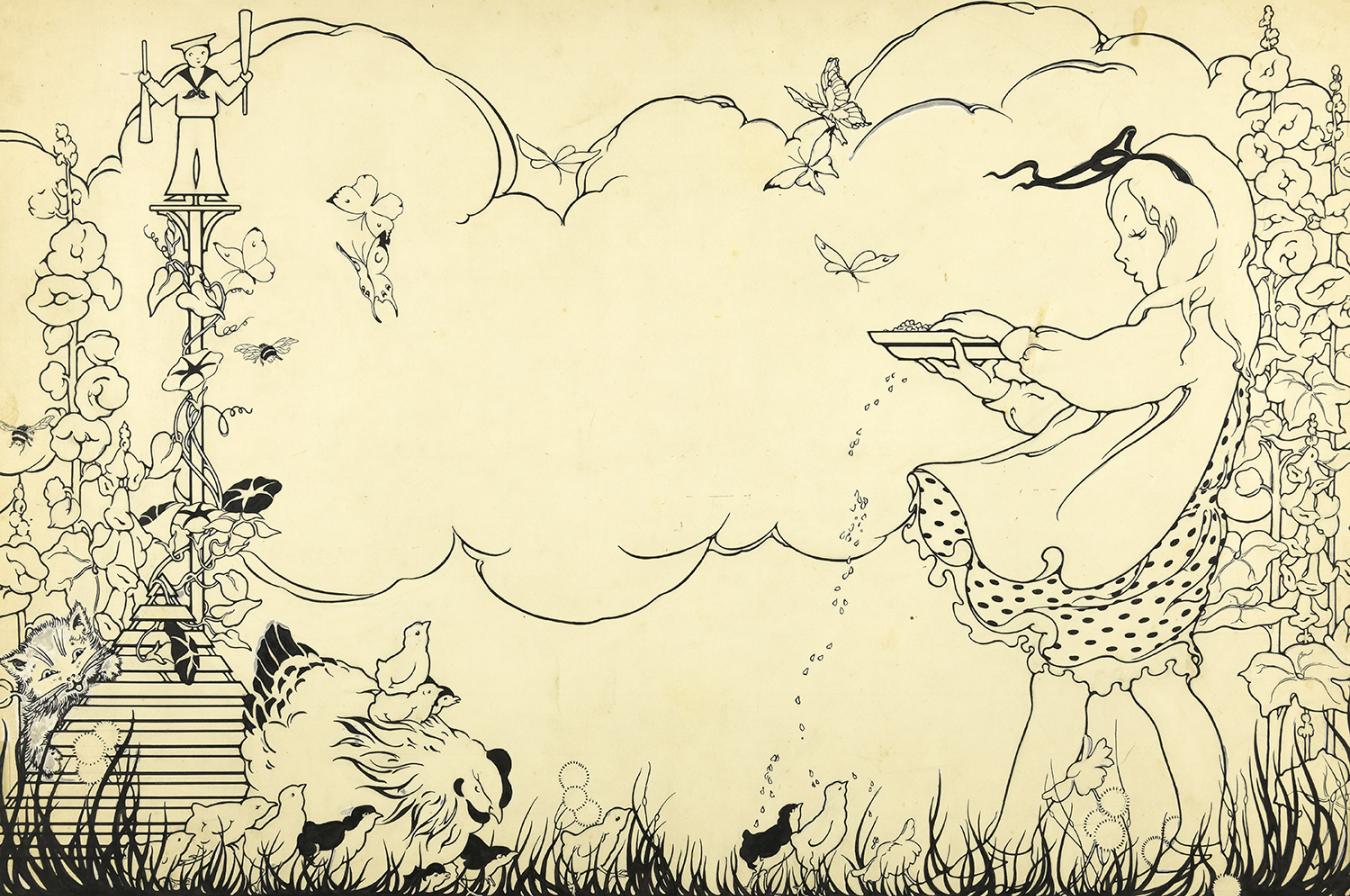 Black and white illustration by Alice Bolam Preston of girl in dress feeding birds on a breezy day