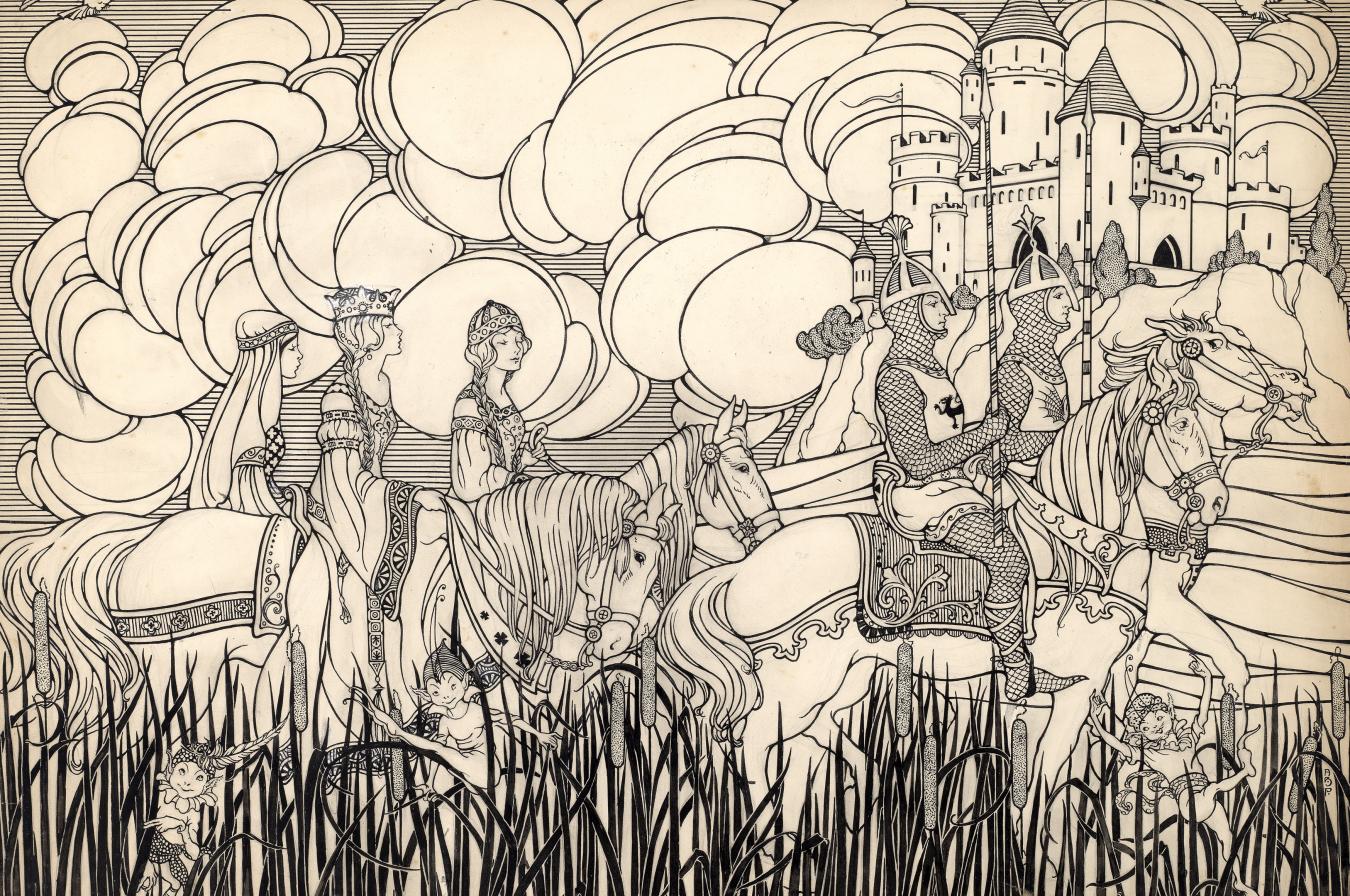 Illustration of knights and lady with castle in distance.