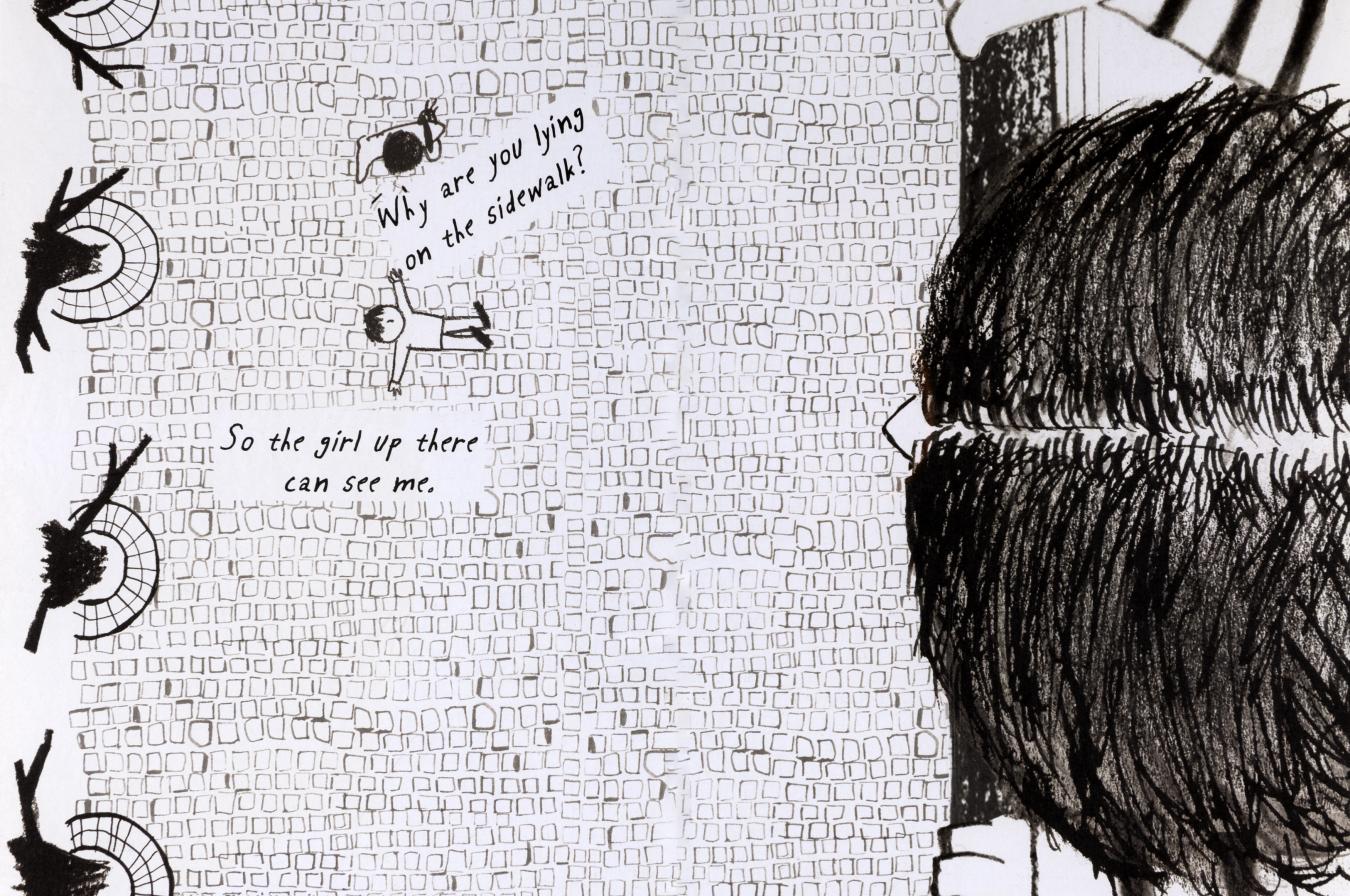 Illustration of child looking overhead at ground with figures.