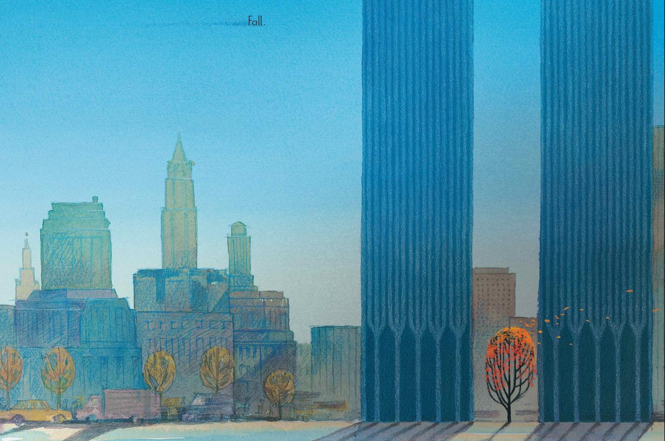 City landscape showing a tree with red leaves flanked by two tall skyscrapers.