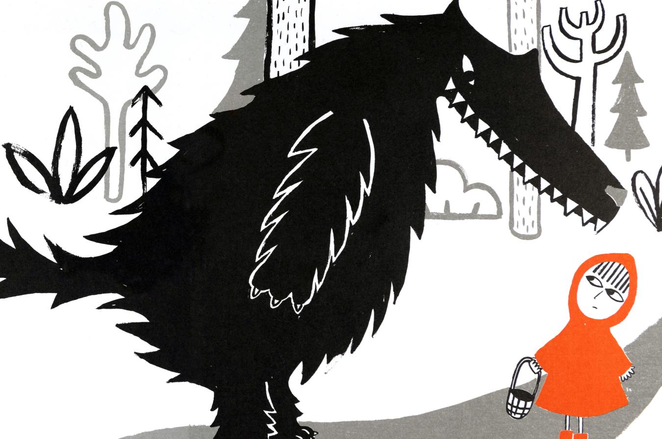 A girl in a red hood and boots stares up at a large wolf with spiky black fur and sharp teeth. The wolf returns her gaze. 