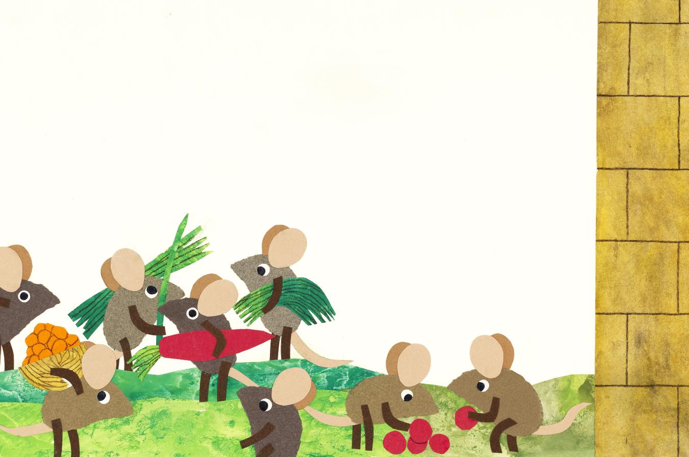 Illustration of mice carrying vegetables next to wall.