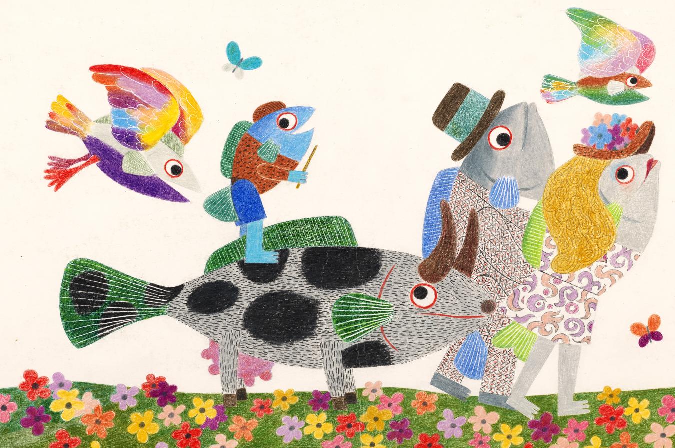 Illustration of fish family walking in colorful hats. 