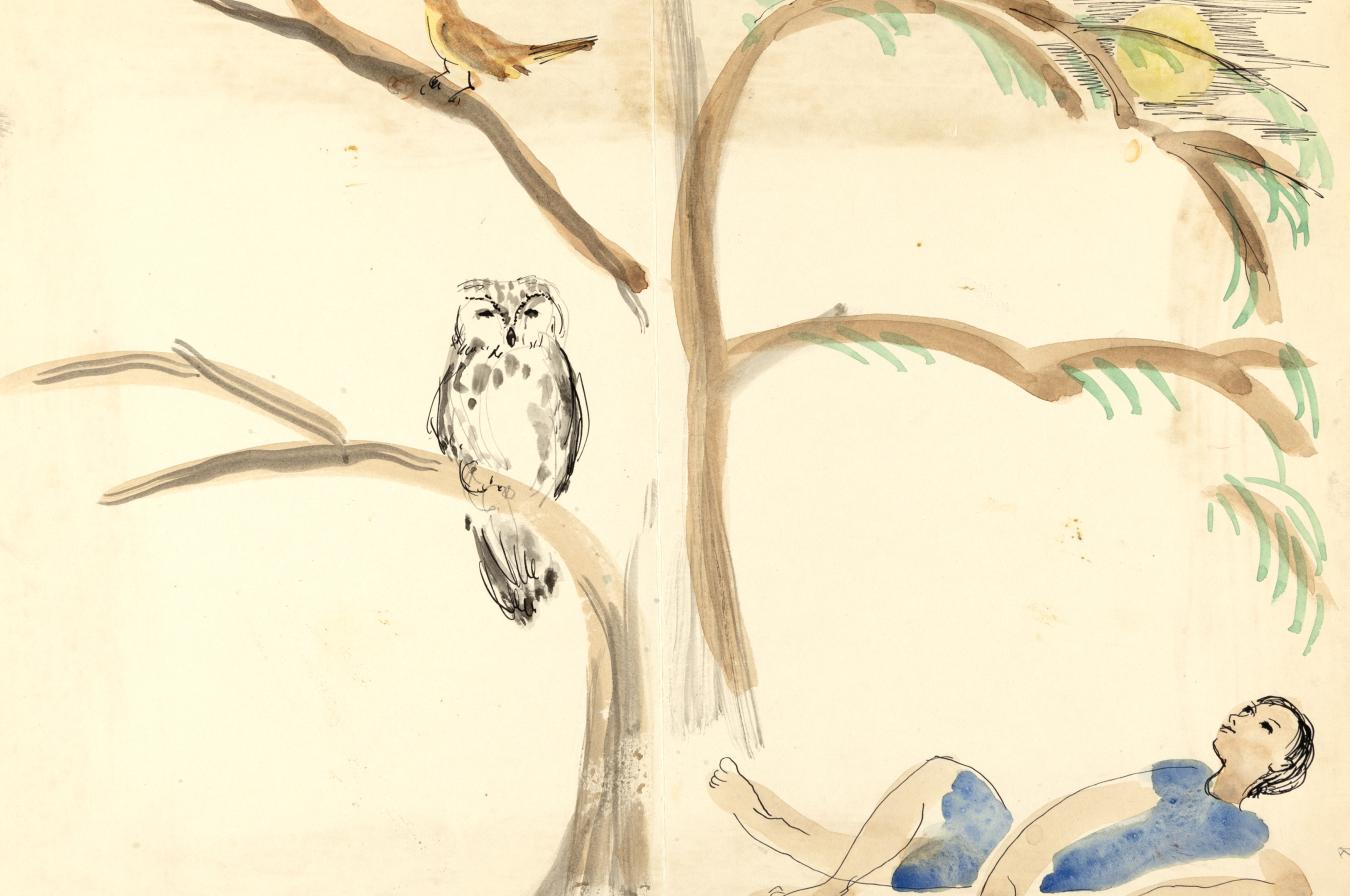 Illustration of woman sitting under tree with owl. 