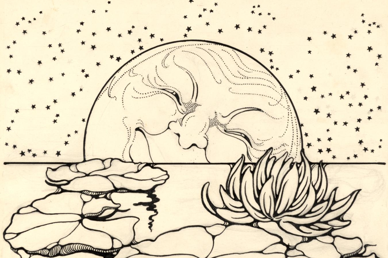 Illustration of moon over water with lilypads. 