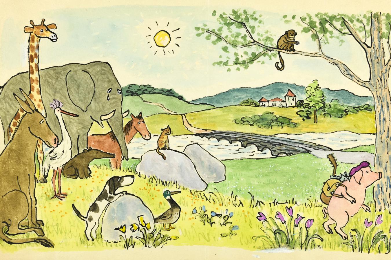 Illustration of pig with guitar leaving a group of other animals.