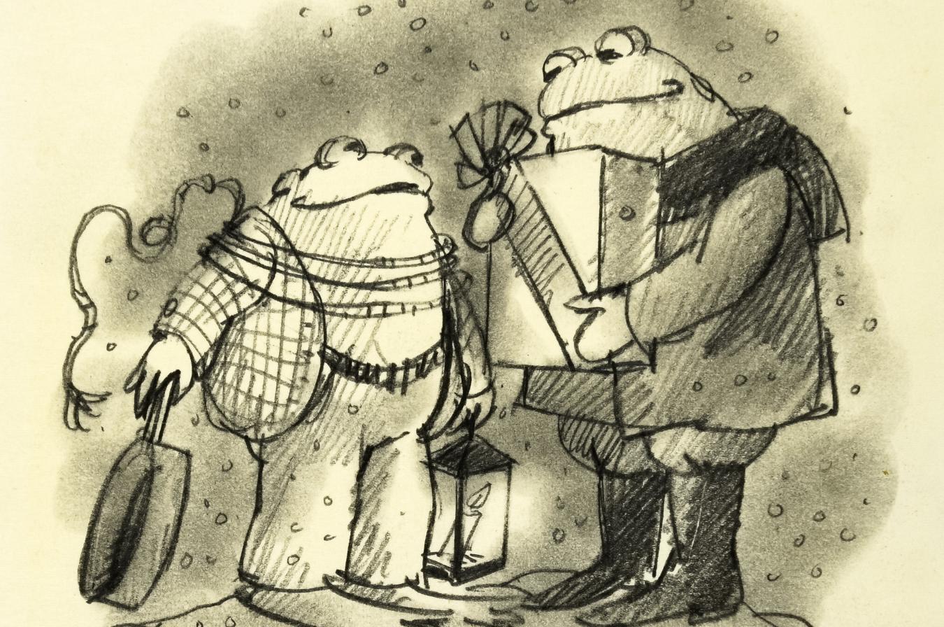 Illustration of frog and toad holding gifts. 