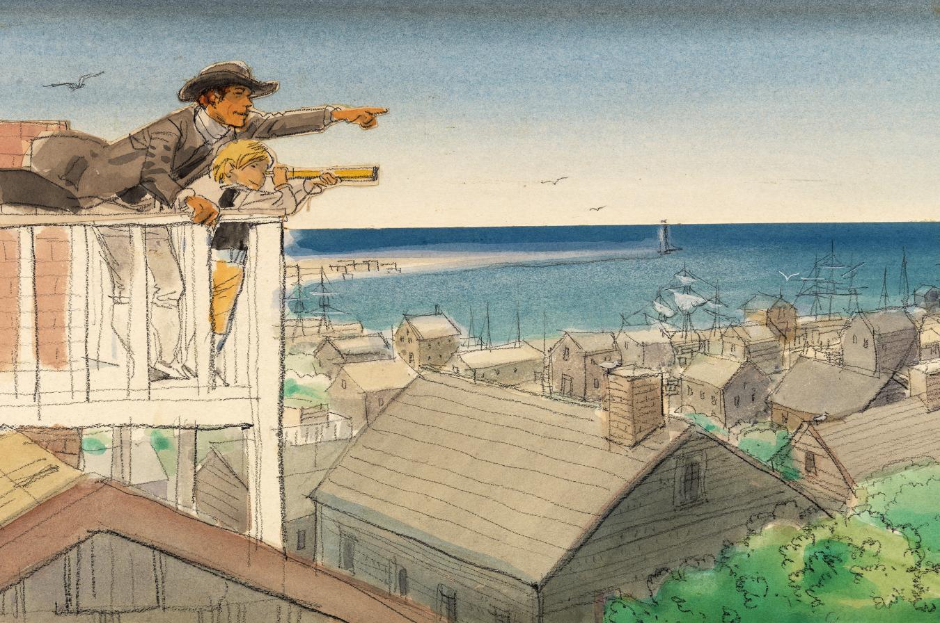Illustration of boy and man looking off balcony and pointing. 