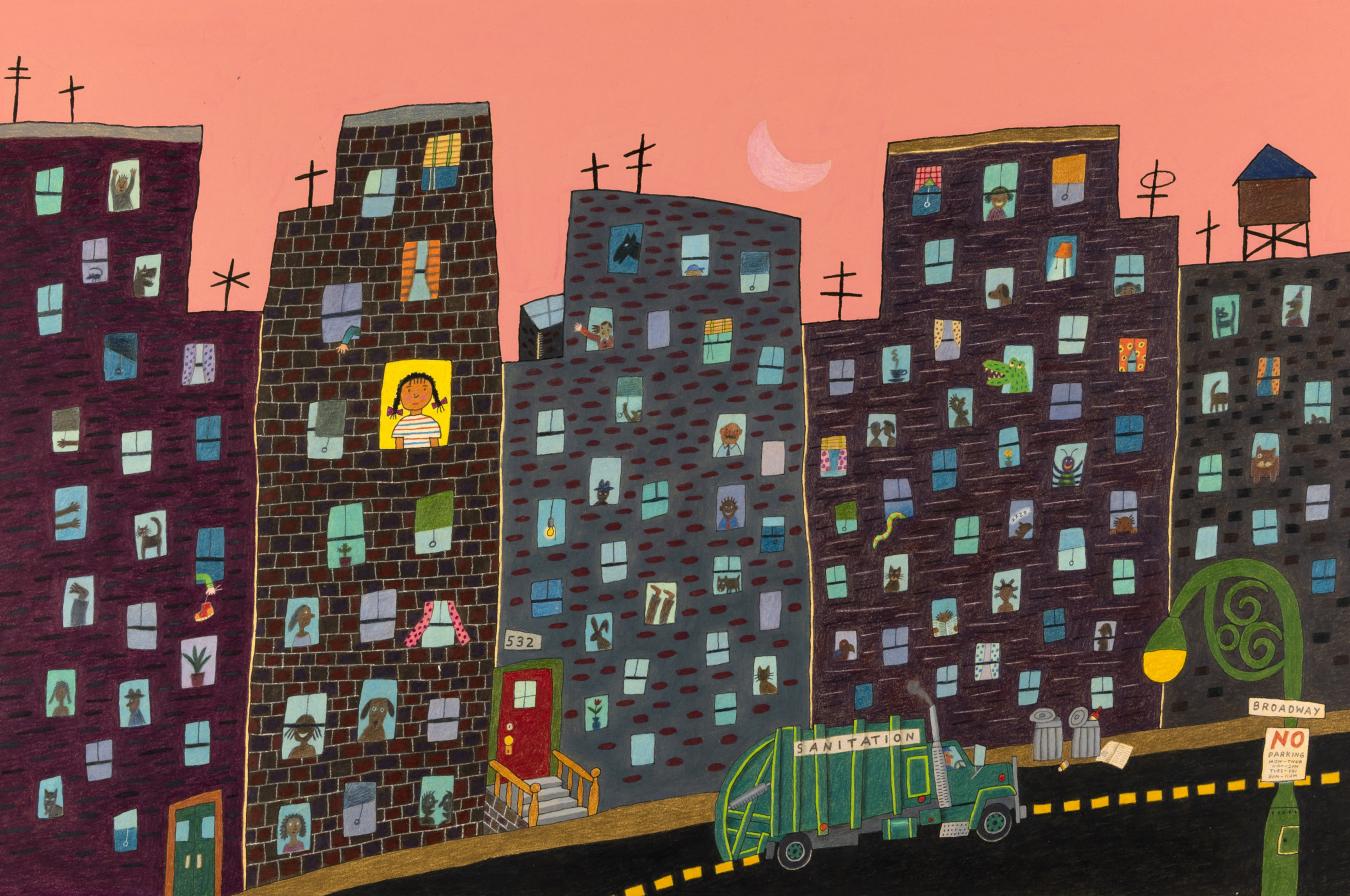 Illustration of tall city apartments.