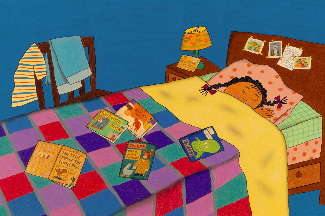 Illustration of girl in bed with books piled on top.