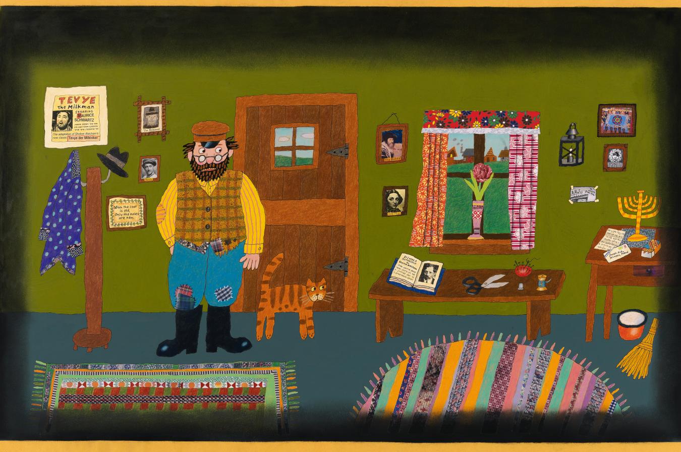 Illustration of man in house with orange cat. 