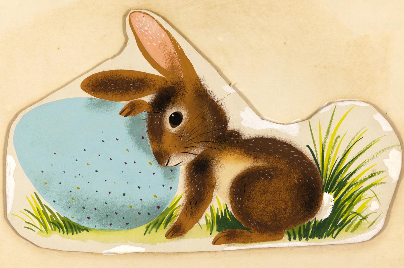 Illustration of bunny with blue egg. 